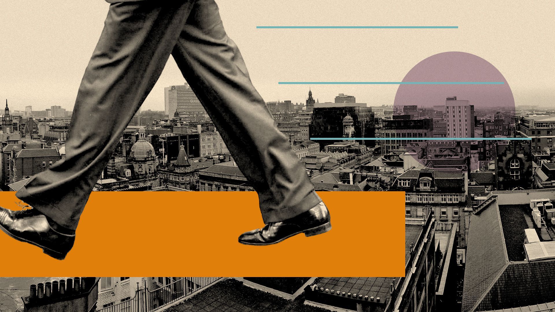 Photo illustration of a collage of a person in a suit walking out of the frame, with Glasgow and colored shapes in the background.