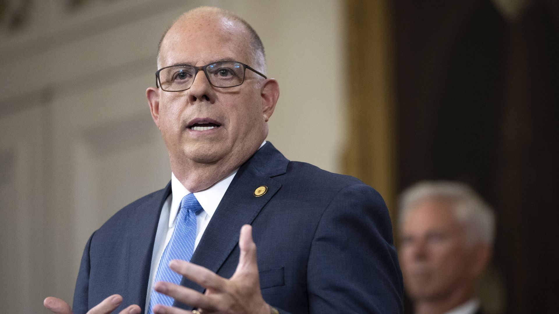 Maryland Gov. Larry Hogan speaking in Annapolis in August 2021.