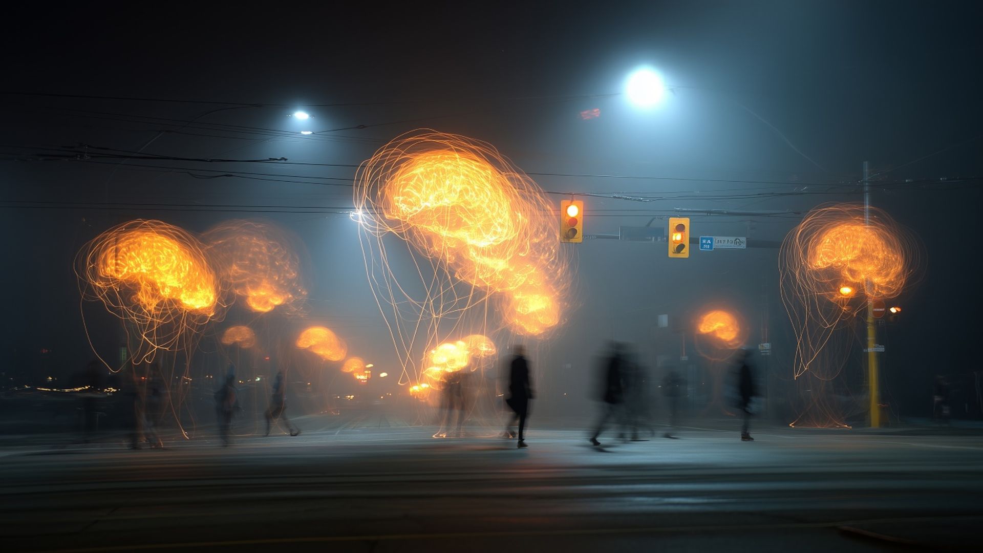 Night street scene with blurred pedestrians walking under streetlights and traffic signals, with swirling orange light trails creating abstract shapes around the people.
