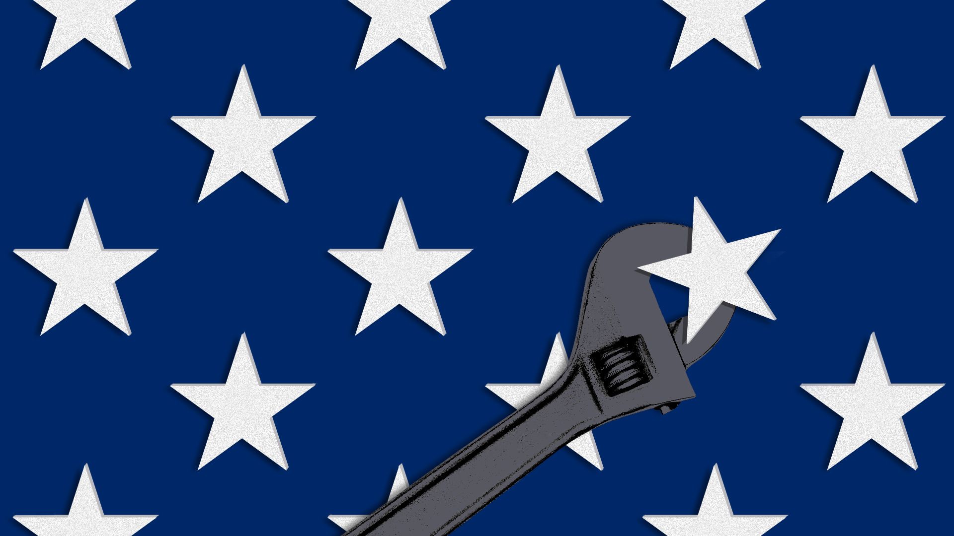 Illustration of the star corner of the American flag, with a wrench coming from off screen to tighten a star into place. 