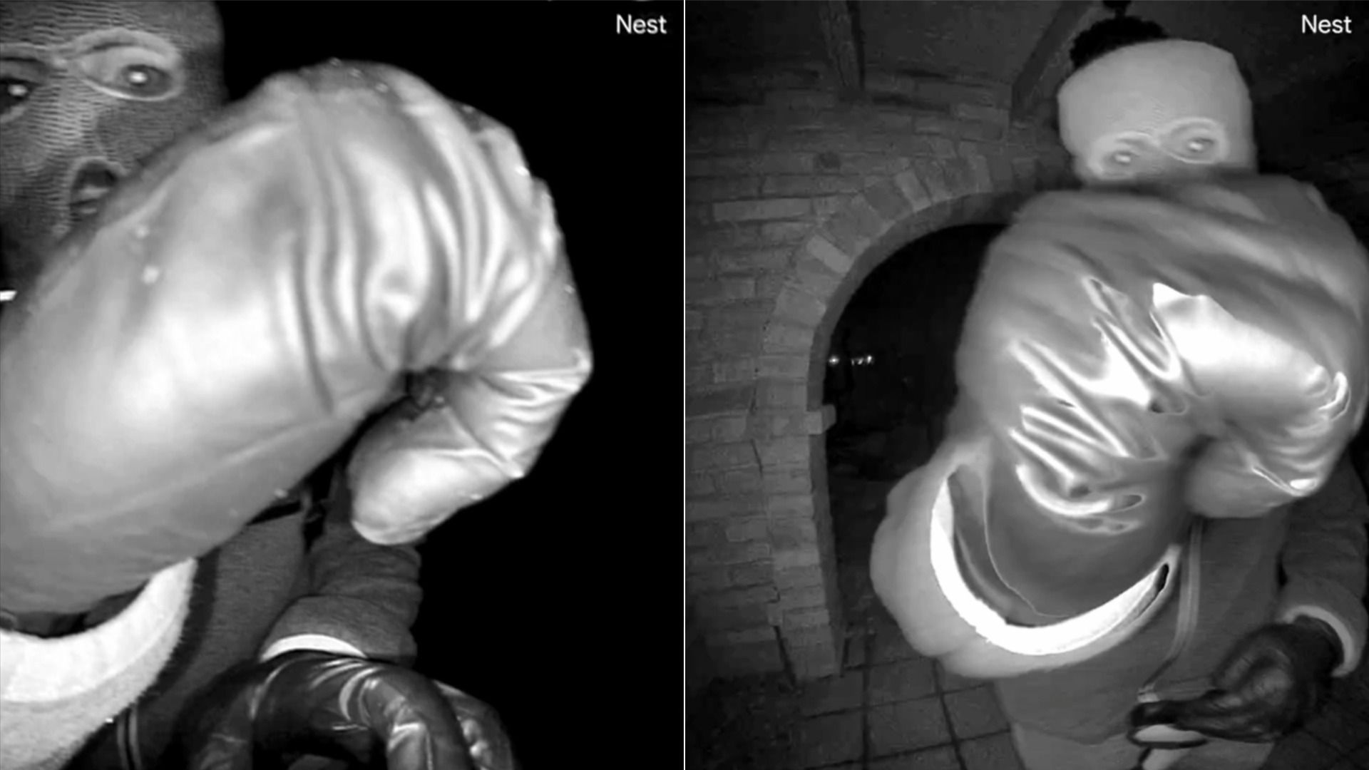 Two black and white images show a person wearing boxing gloves and a mask, raising a fist directly at the camera, possibly captured by a Nest doorbell camera at night.