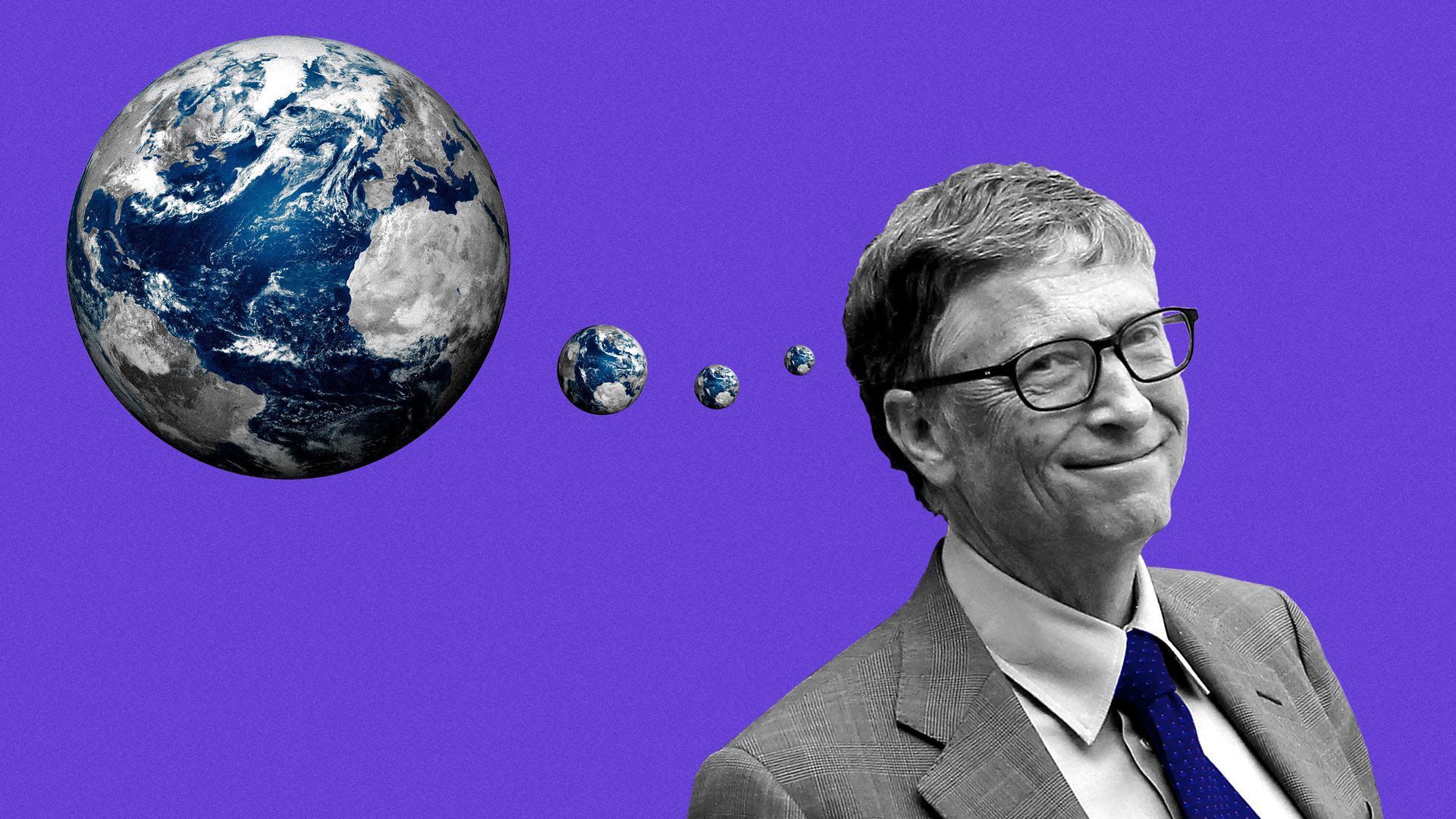 Bill Gates with thought bubbles that look like Earth