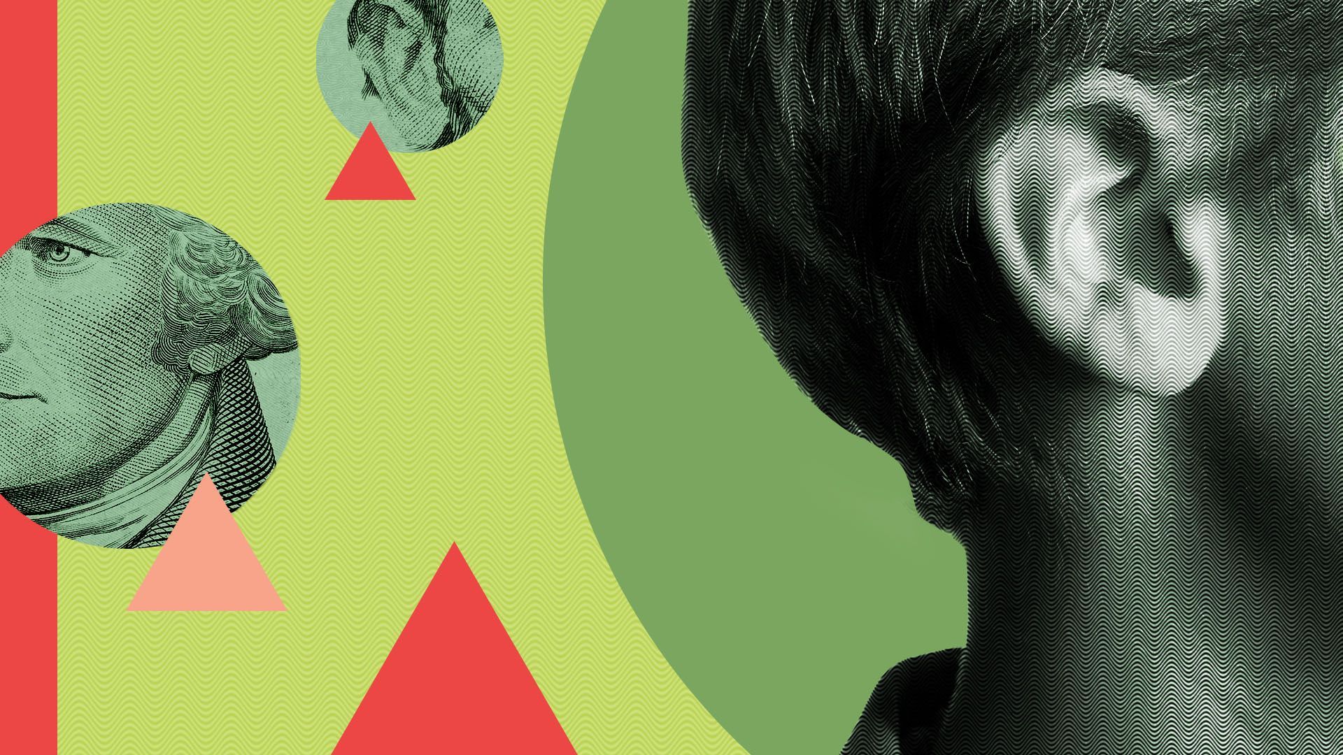 an illustration of a child's ear and ears cropped out of money surrounded by colorful shapes