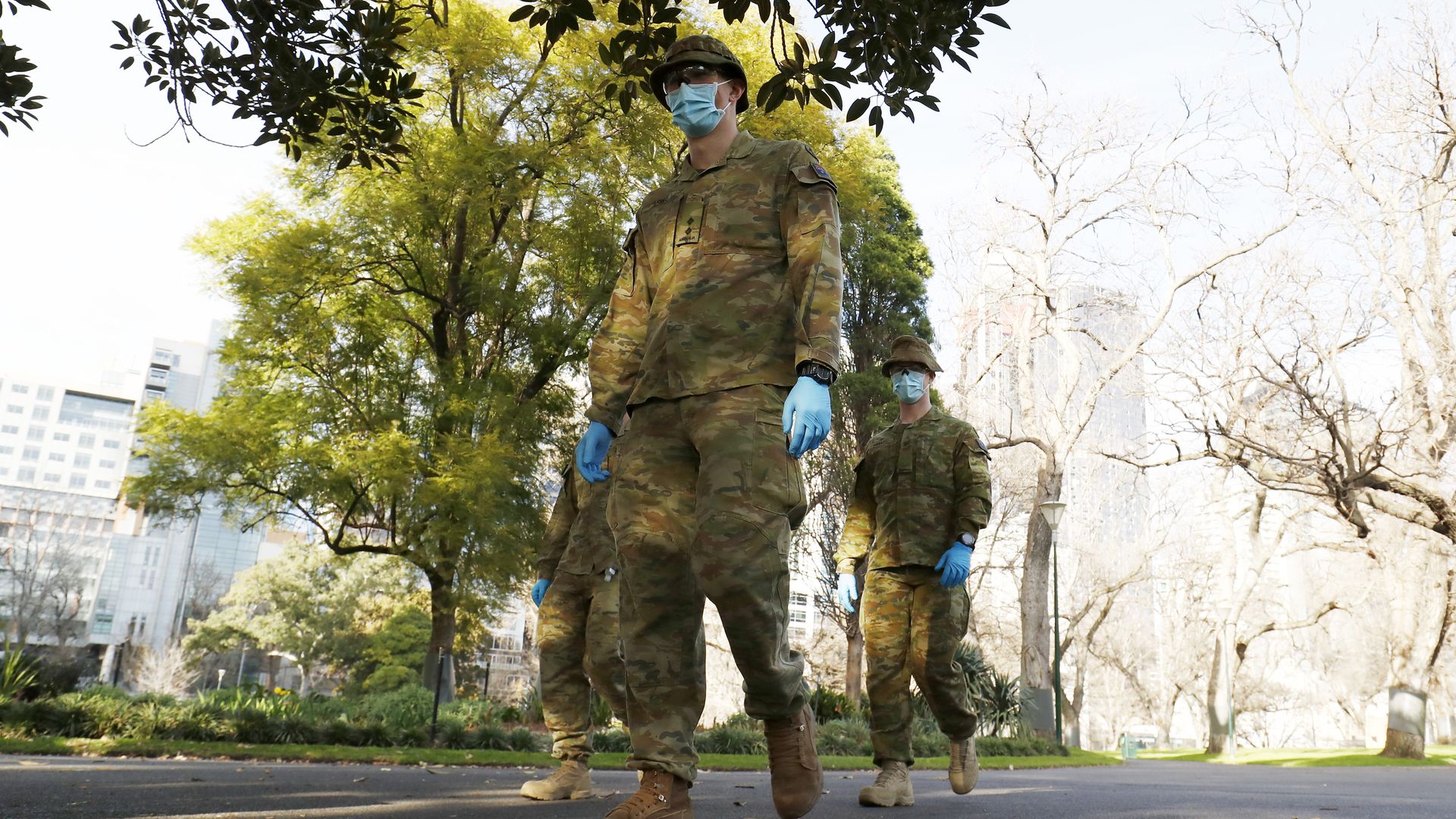Members of the Australian Defence Force patrol the streets on August 03, 2020 in Melbourne, Australia. Melbourne 