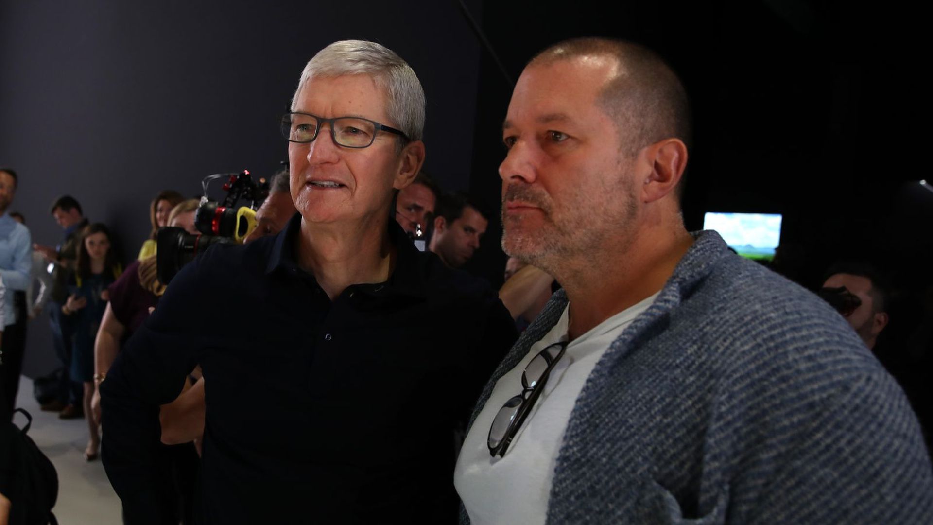 Longtime Apple design chief Jonathan Ive, right, with CEO Tim Cook.