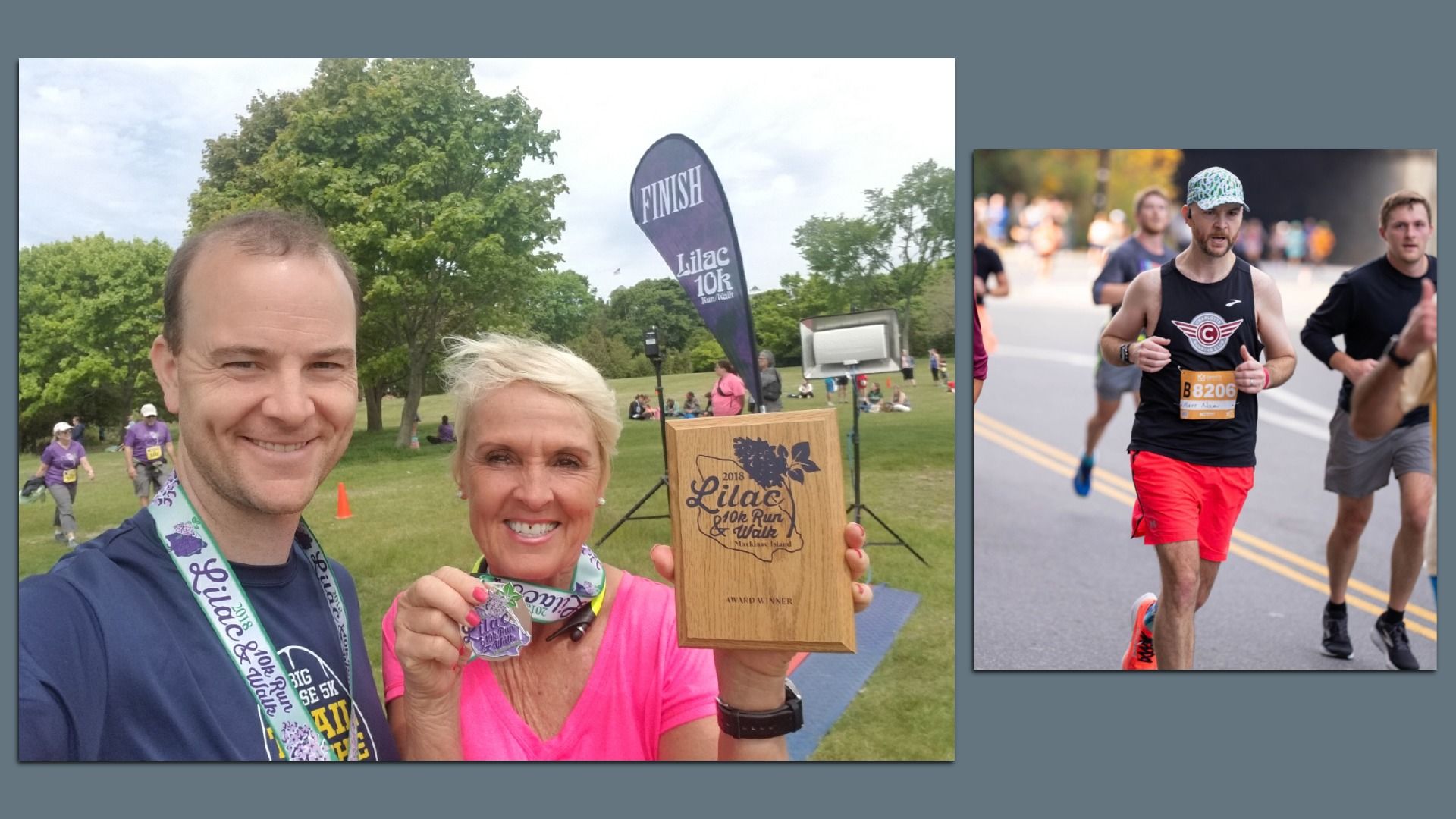 Smiling man and woman in a park show a wooden "Lilac 10k Run & Walk" trophy and medal; finish banner behind. Inset: male runner in black tank, red shorts, bib 8206 on a city street.