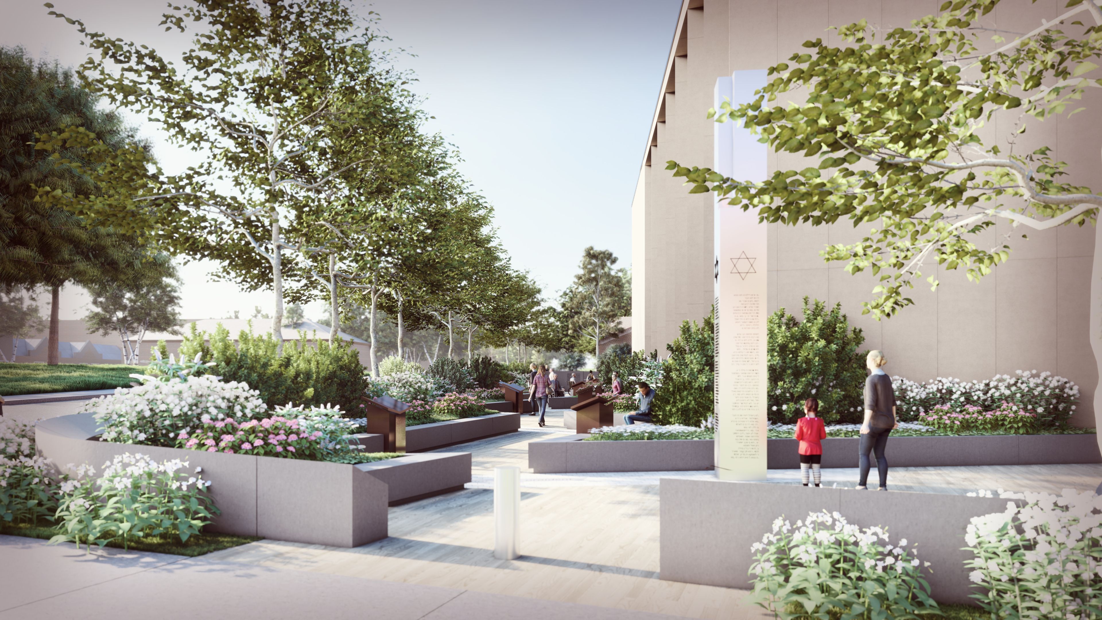 People in a peaceful outdoor garden with trees, green shrubs, pink and white flowers, and modern concrete benches. A tall monument with a Star of David stands near a beige building.