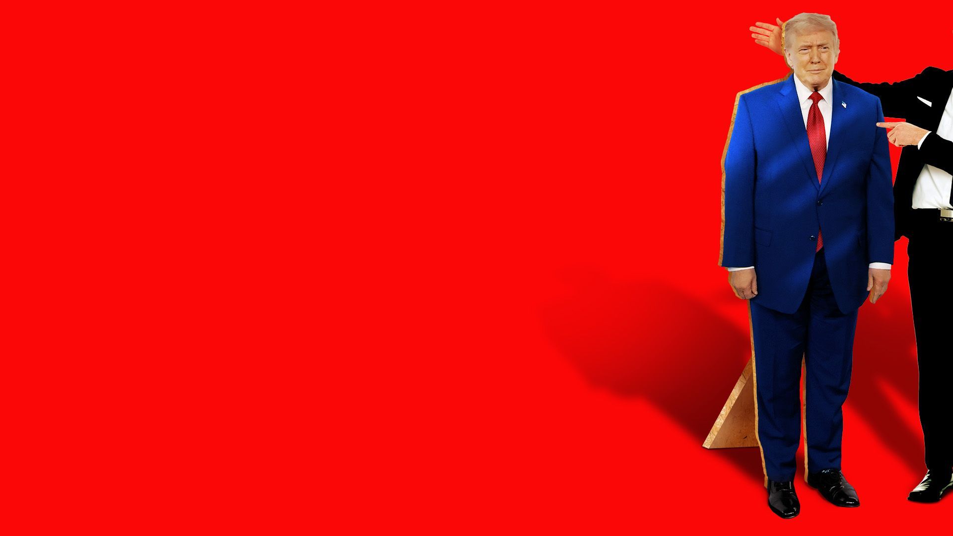 Photo illustration of a cardboard cutout of President Trump with a candidate with his arm around it