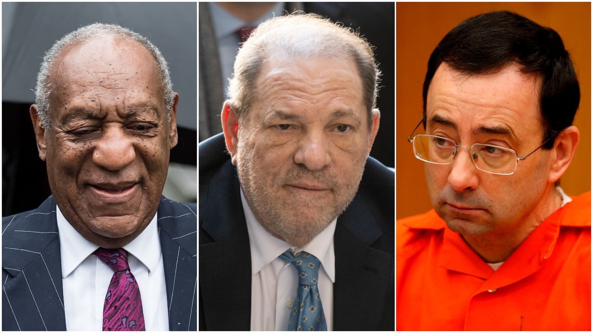 This image is a three-way split screen of Bill Cosby, Harvey Weinstein and Larry Nassar