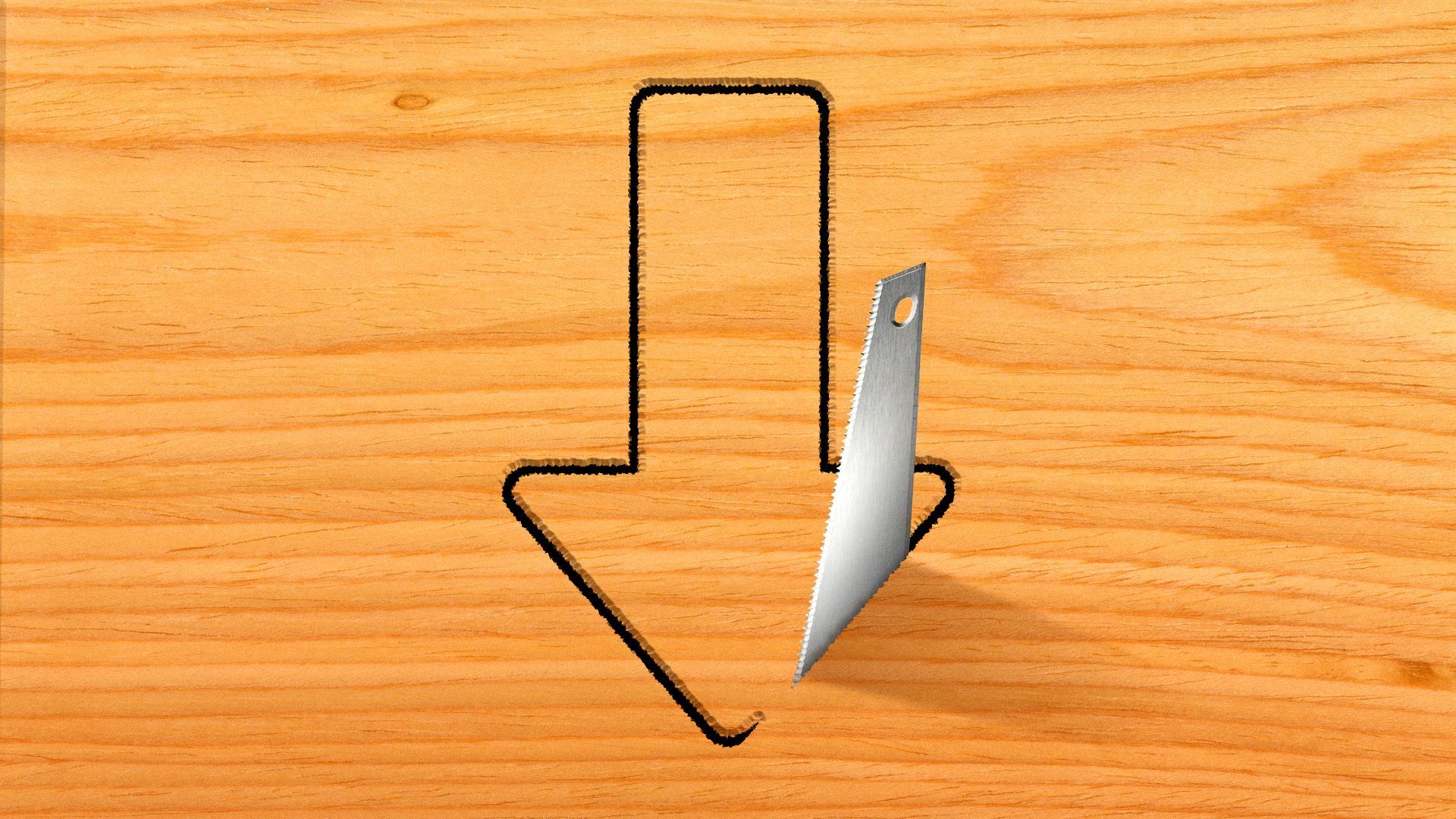 Illustration of a saw cutting out a downward arrow out of wood.