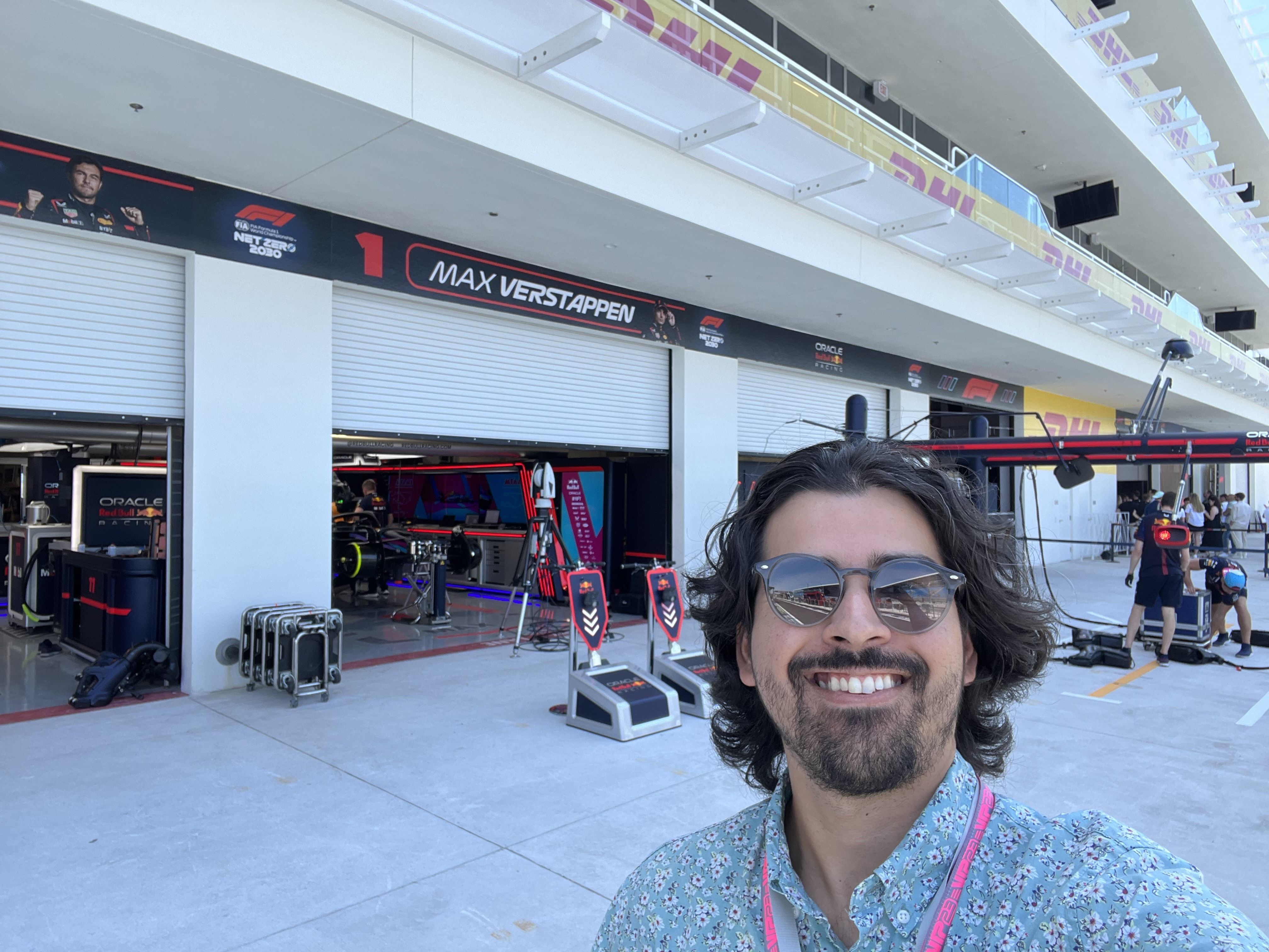Axios reporter Martin Vassolo takes a selfie in the Red Bull pit lane.
