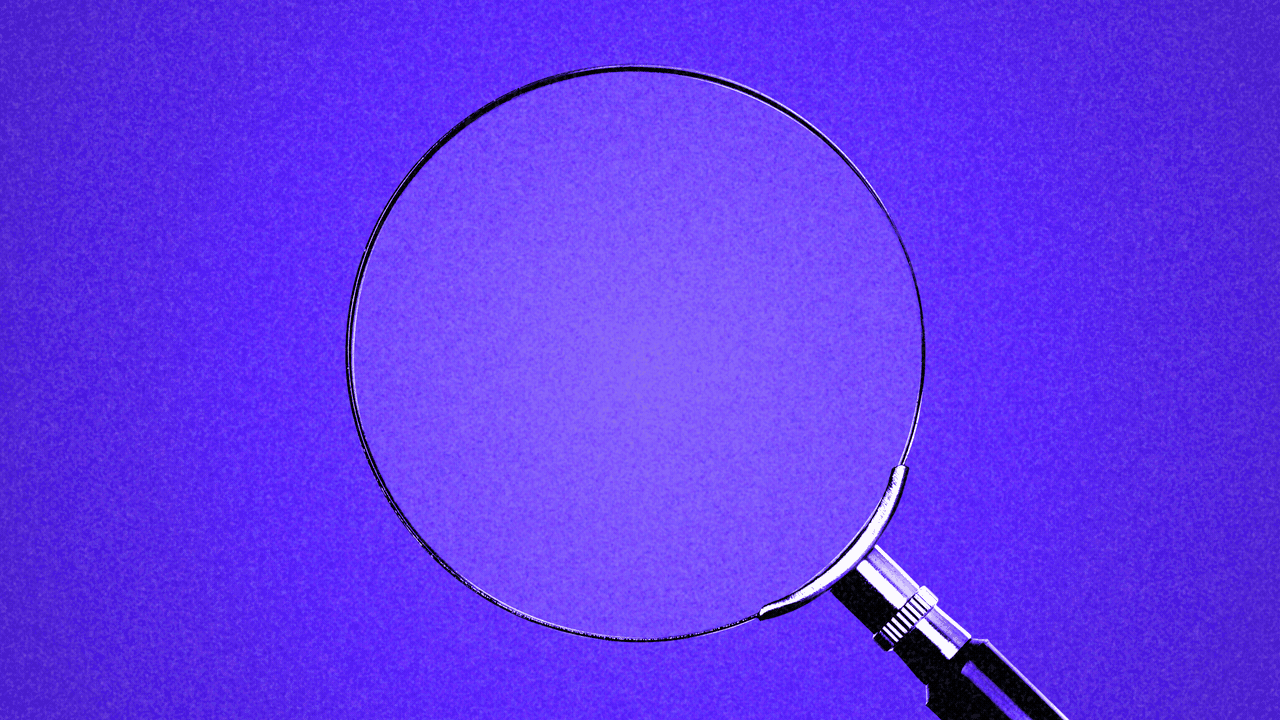 Animated illustration of a swarm of shapes passing under a magnifying glass, which shows a larger view of the particles as a swarm of binary code.
