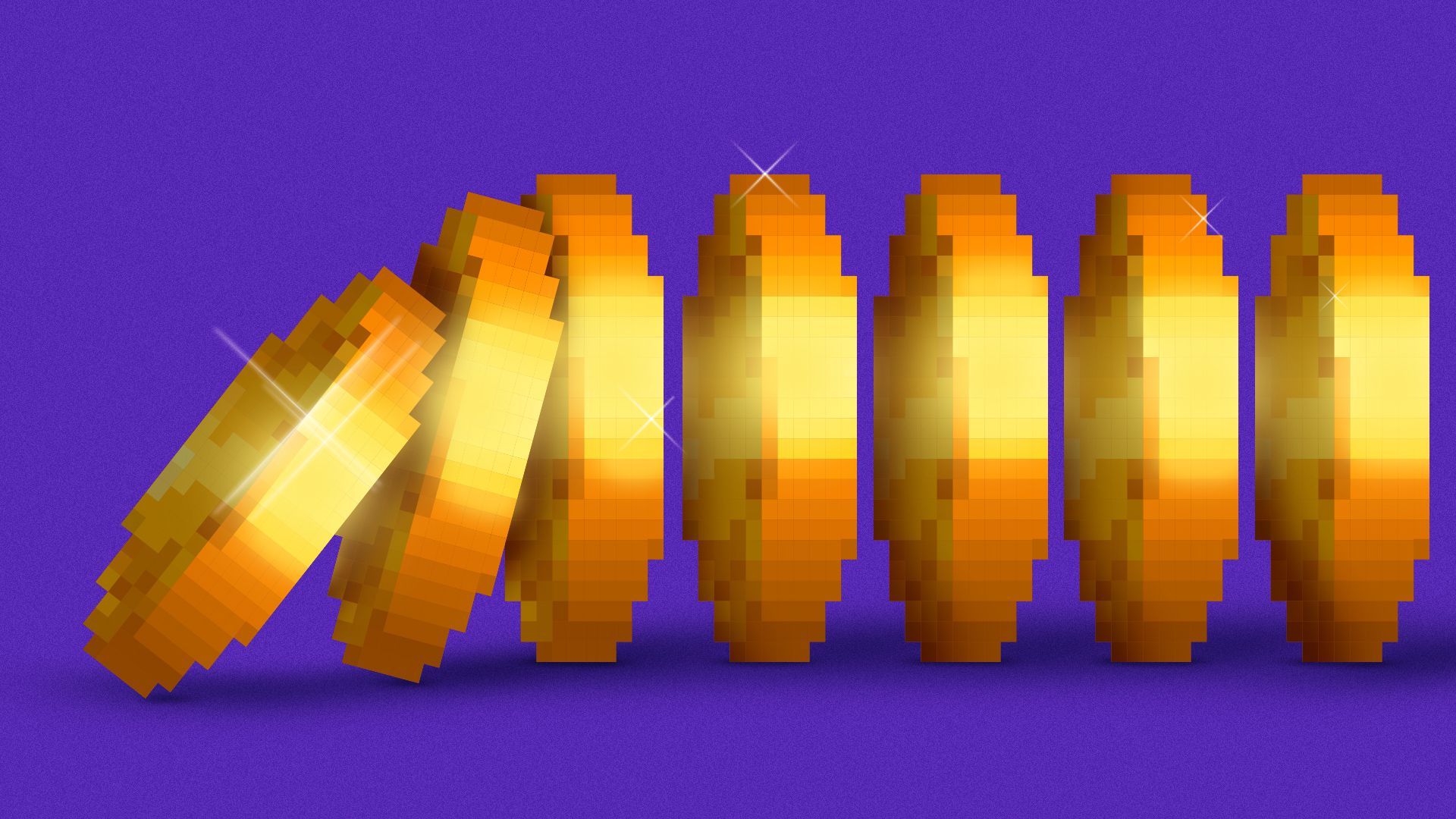 Illustration of pixelated coins falling as dominos. 