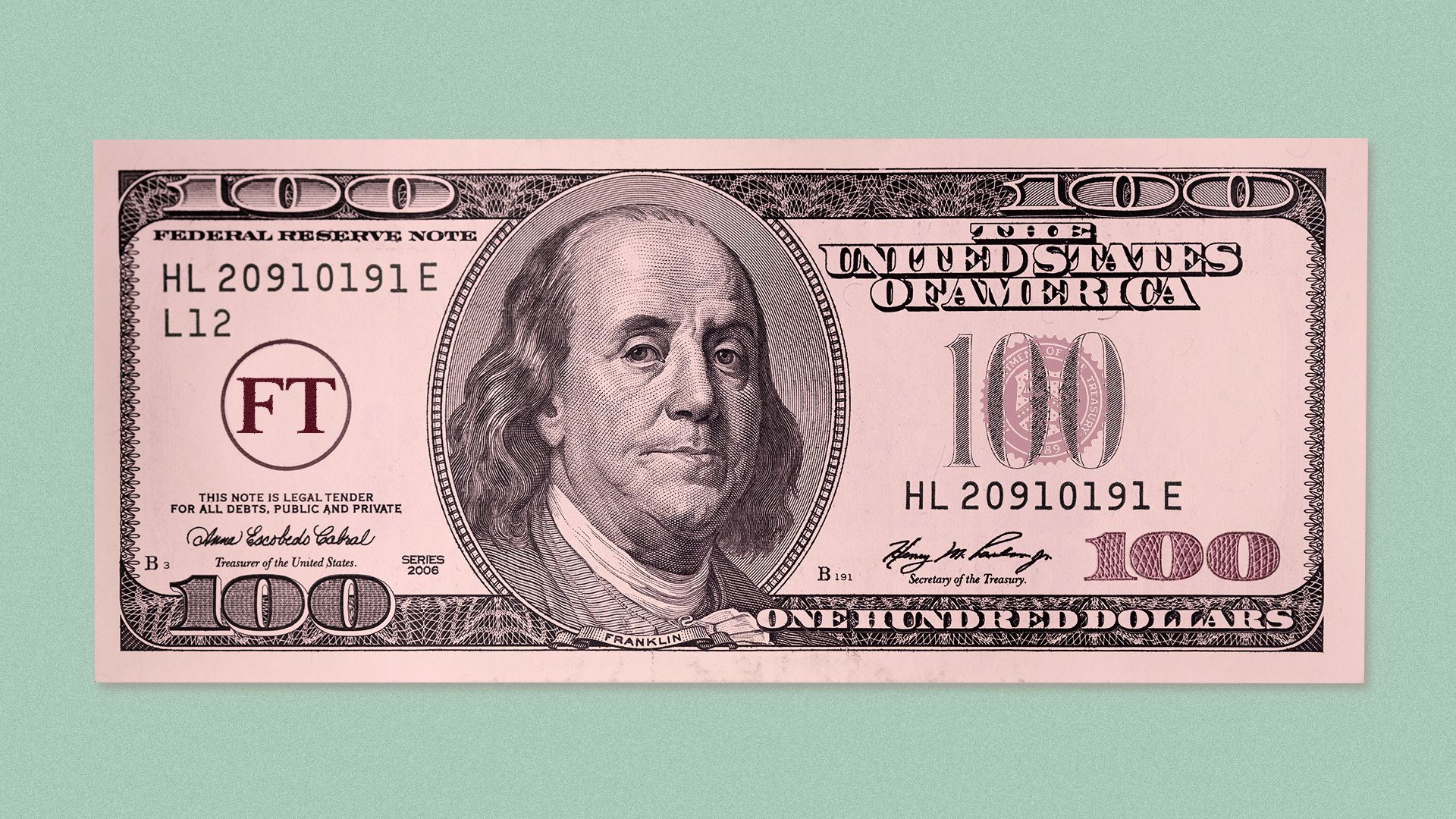 Illustration of a hundred dollar bill printed on pink Financial Times newsprint paper with an FT logo where the US seal would be. 