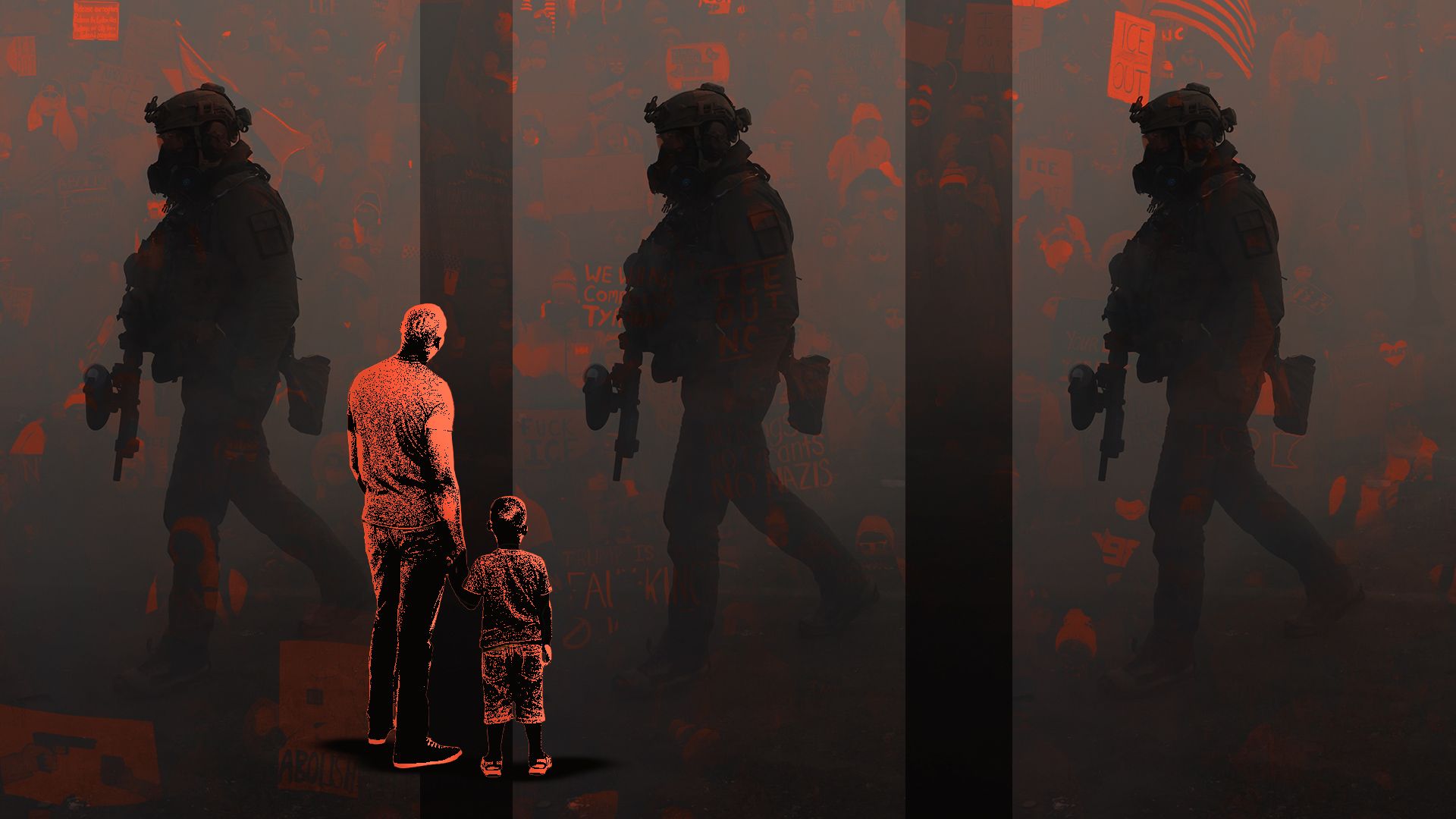 Photo illustration of a father and son laid on top of an abstract background of ICE protests and a repeating pattern of ICE agents.