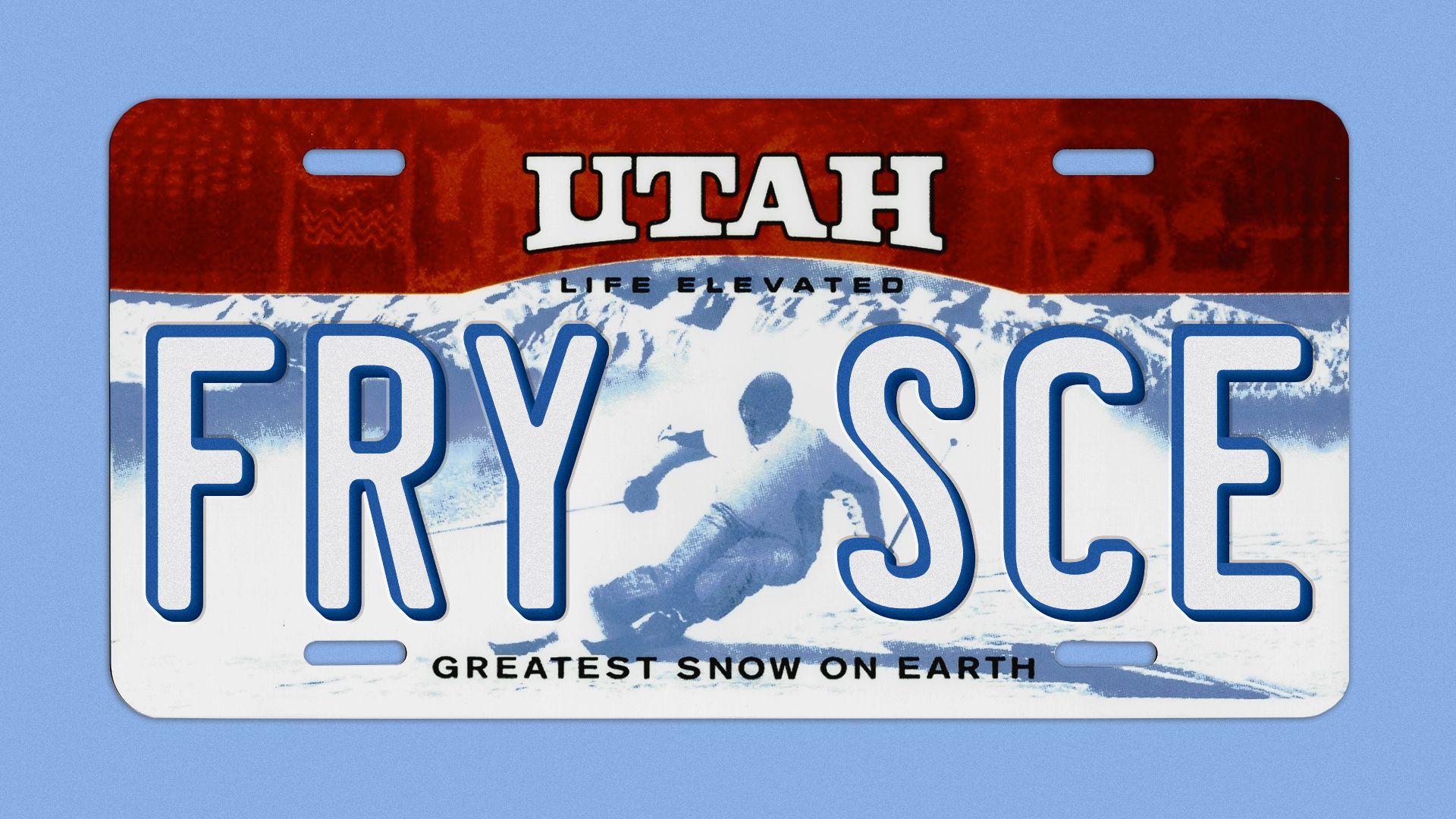 Illustration of a Utah "Greatest snow on earth" license plate with "FRY SCE" letters.