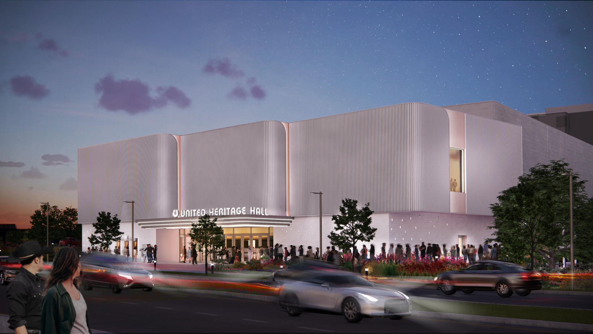 Nighttime rendering of United Heritage Hall, a modern white building with corrugated panels and curved edges. Glass entry, crowd outside, cars driving by, starry sky.