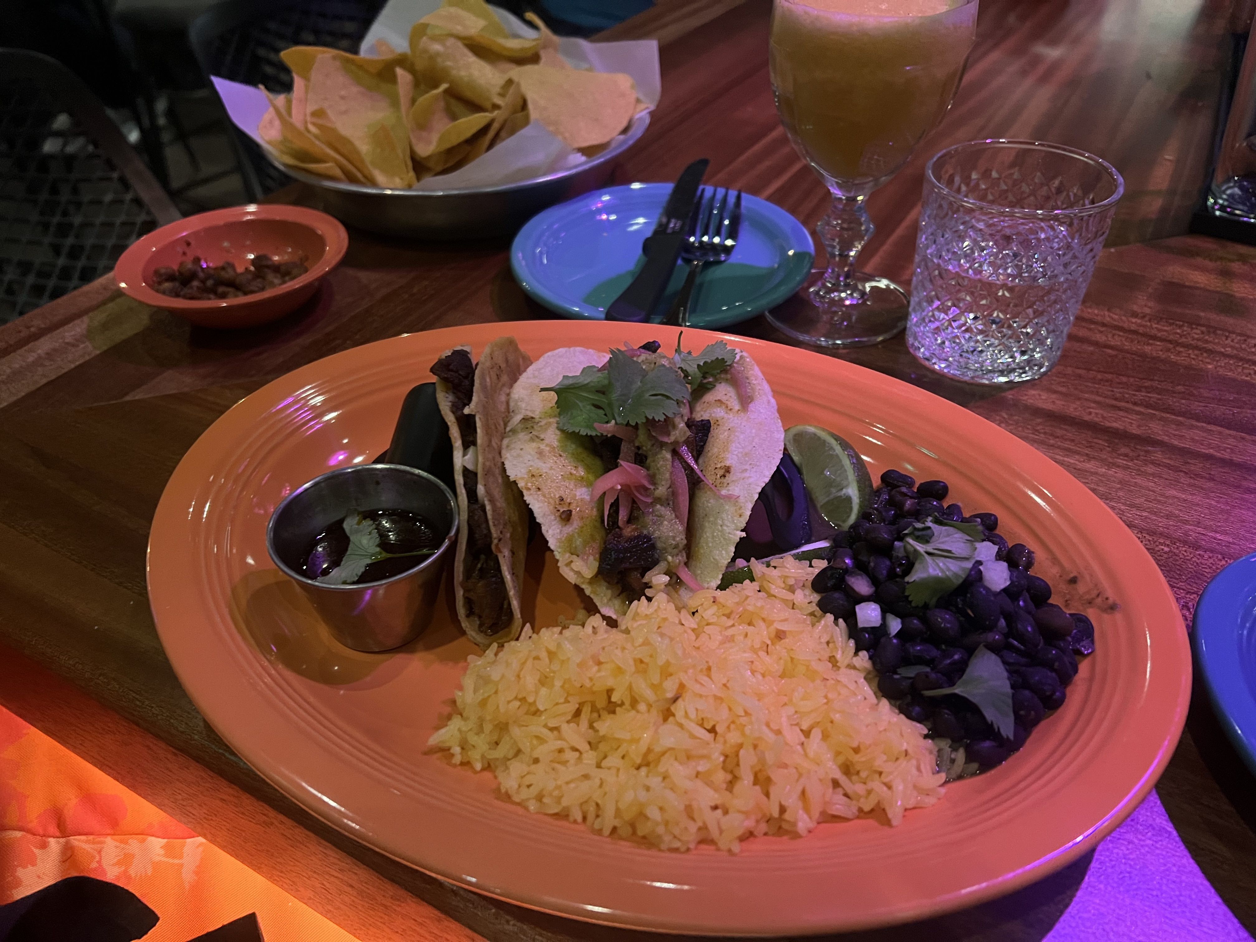 taco plate with rice and beans