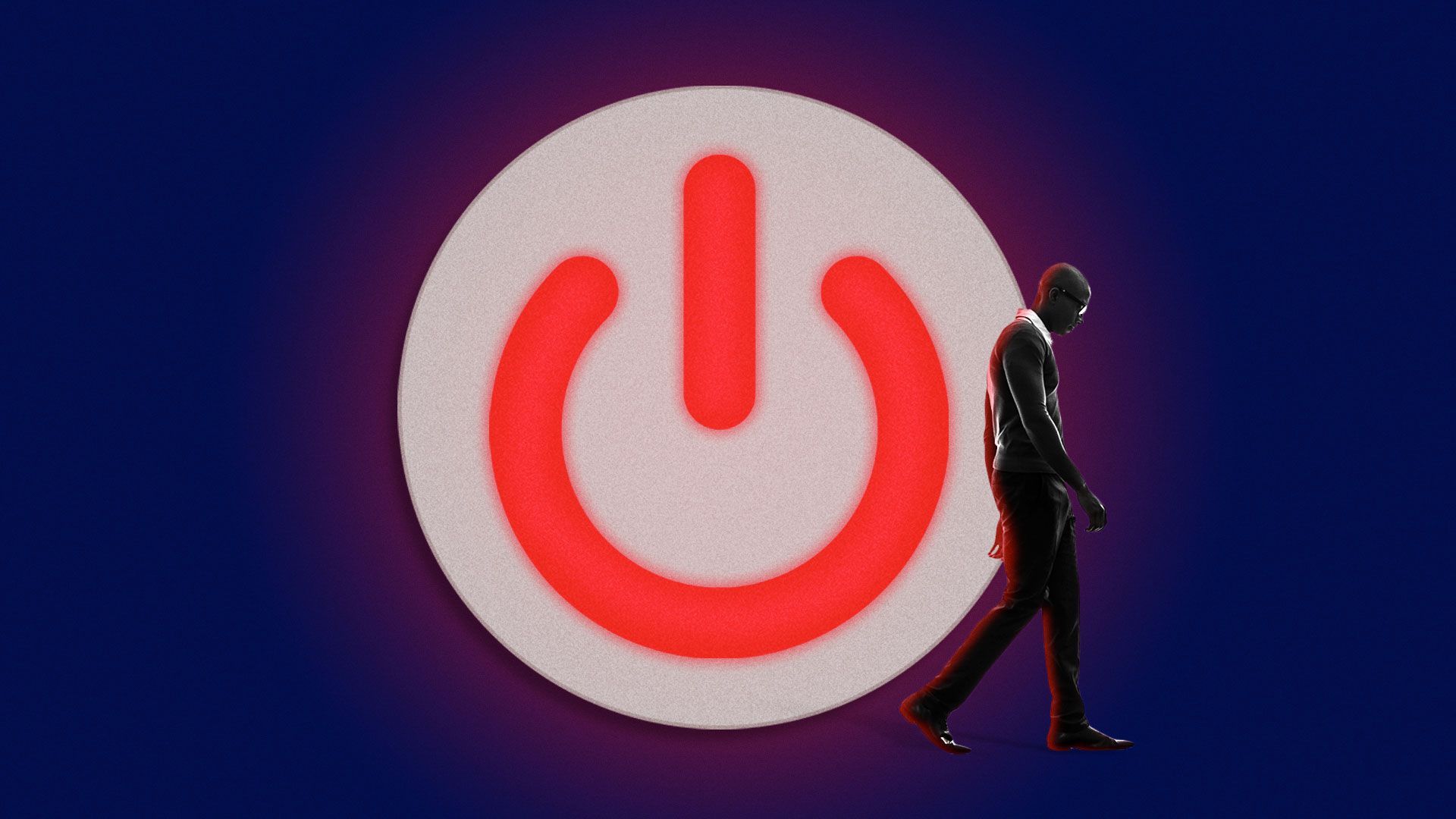 Illustration of a glowing power button casting a glowing light on a Black person