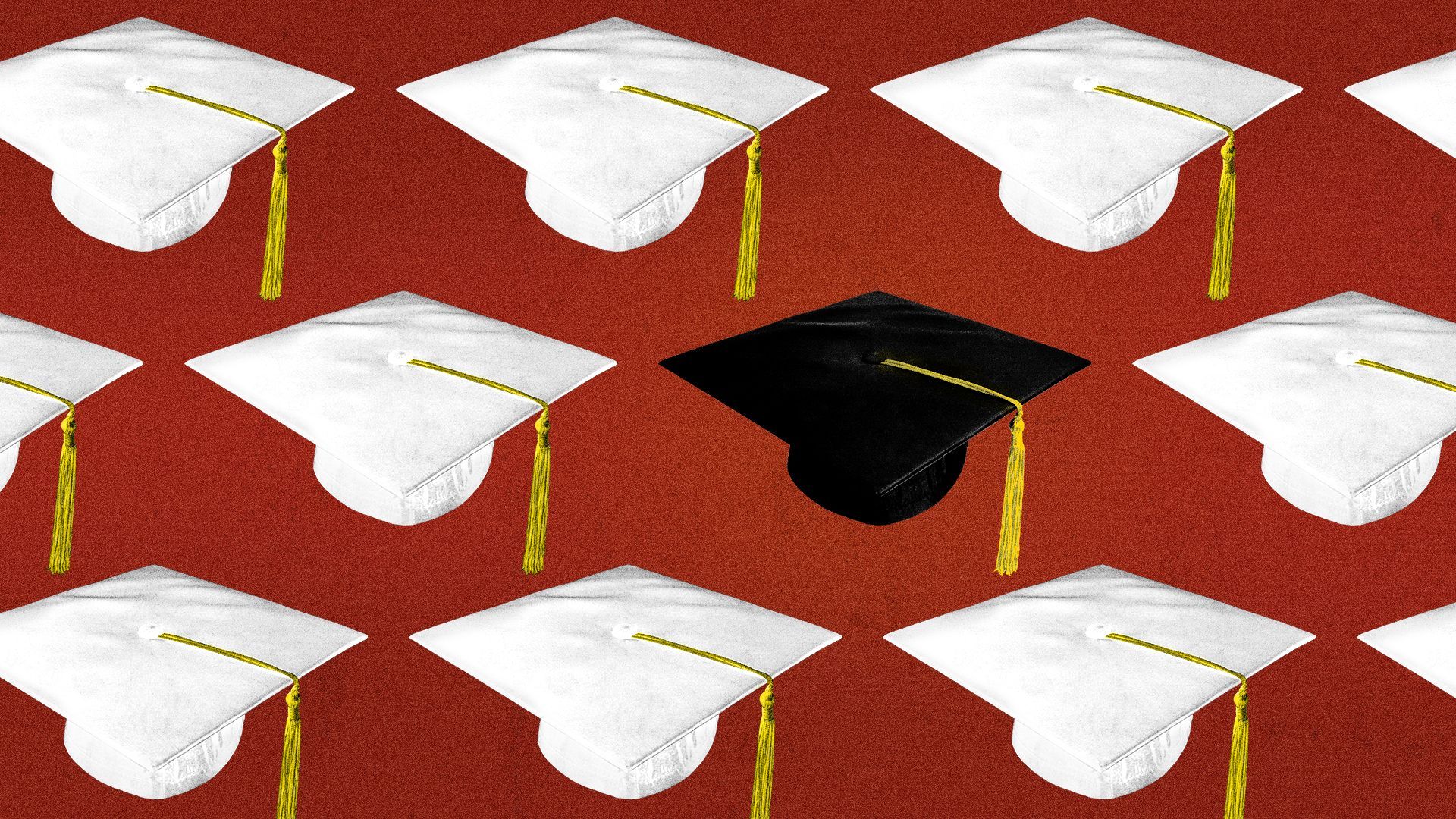 Illustration of a sea of white mortarboards with one black hat.