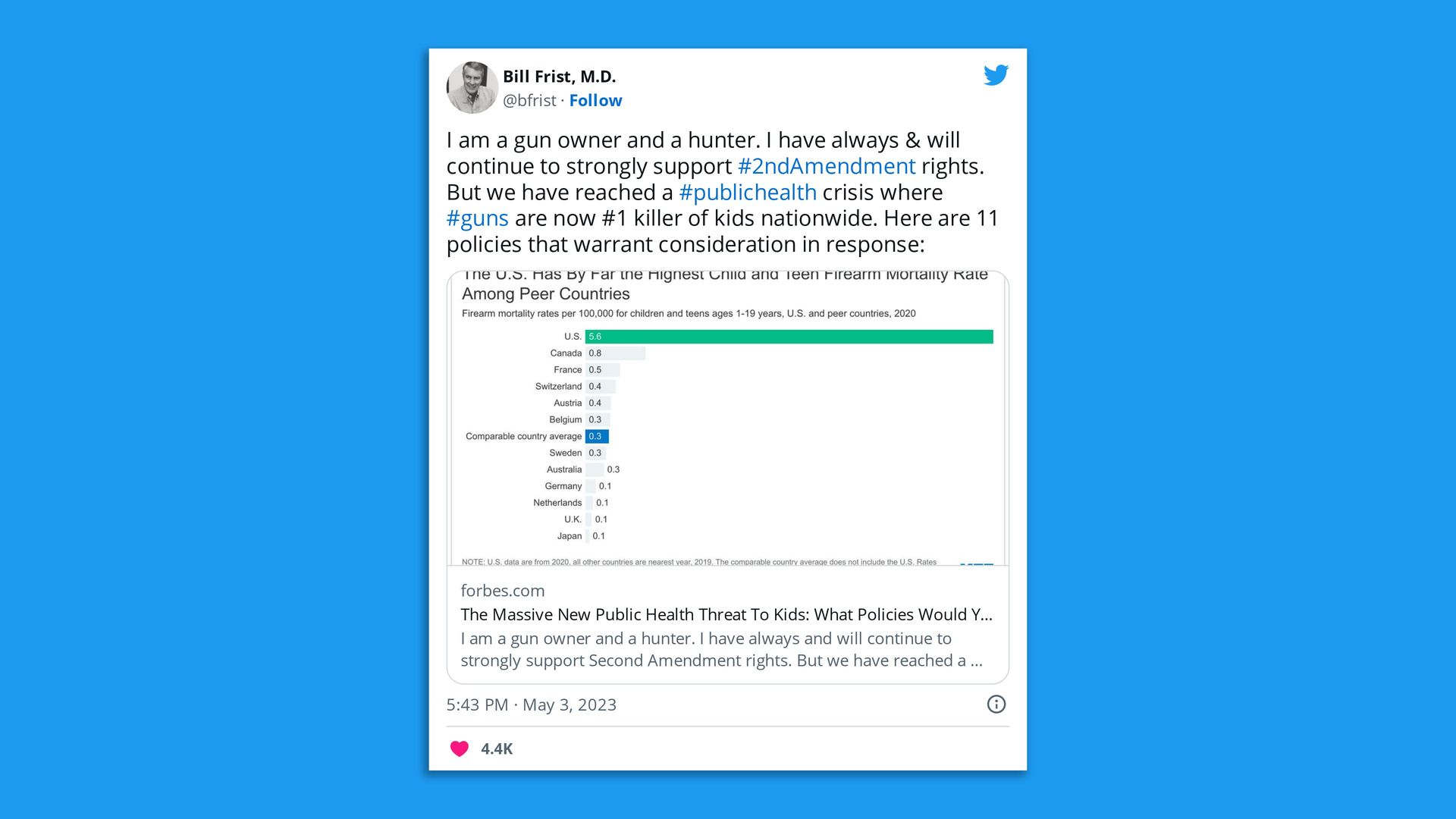 An image of a Tweet from Bill Frist.