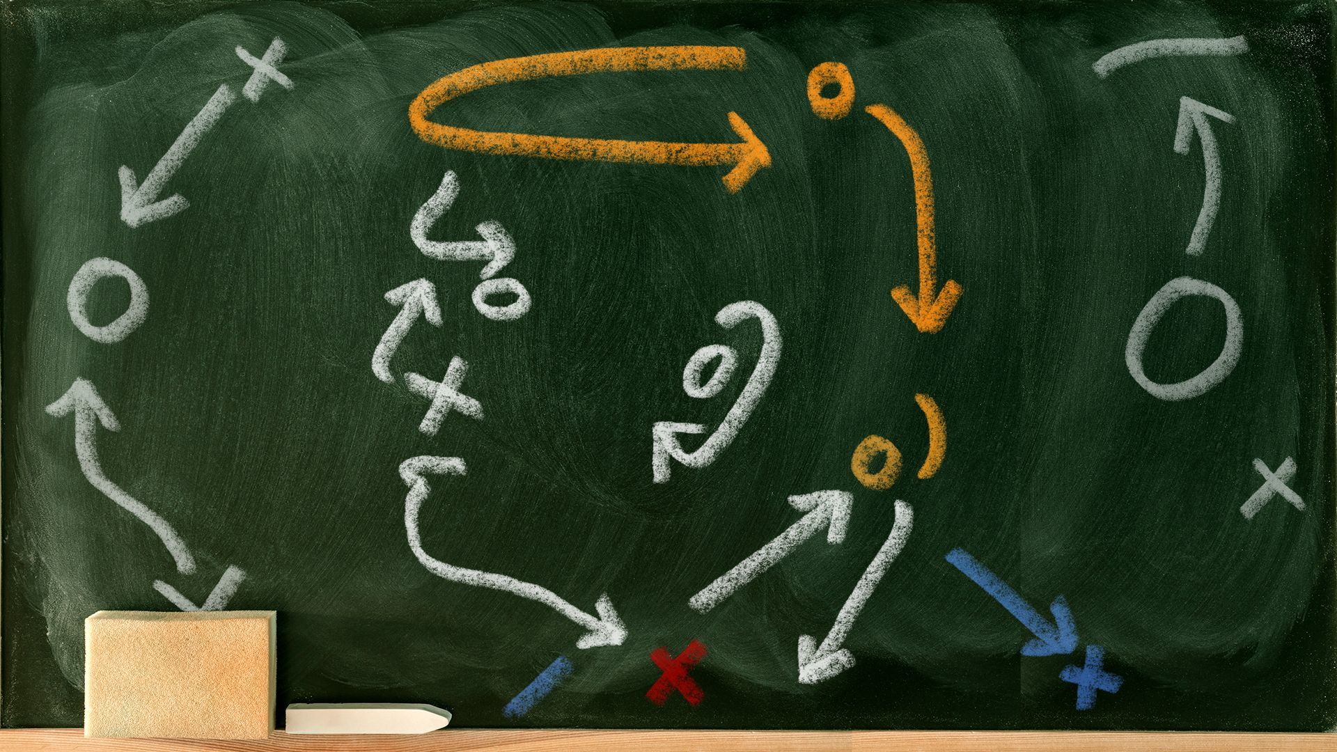 Illustration of Trump's head profile made from game plan lines, x's and o's, on a chalkboard.