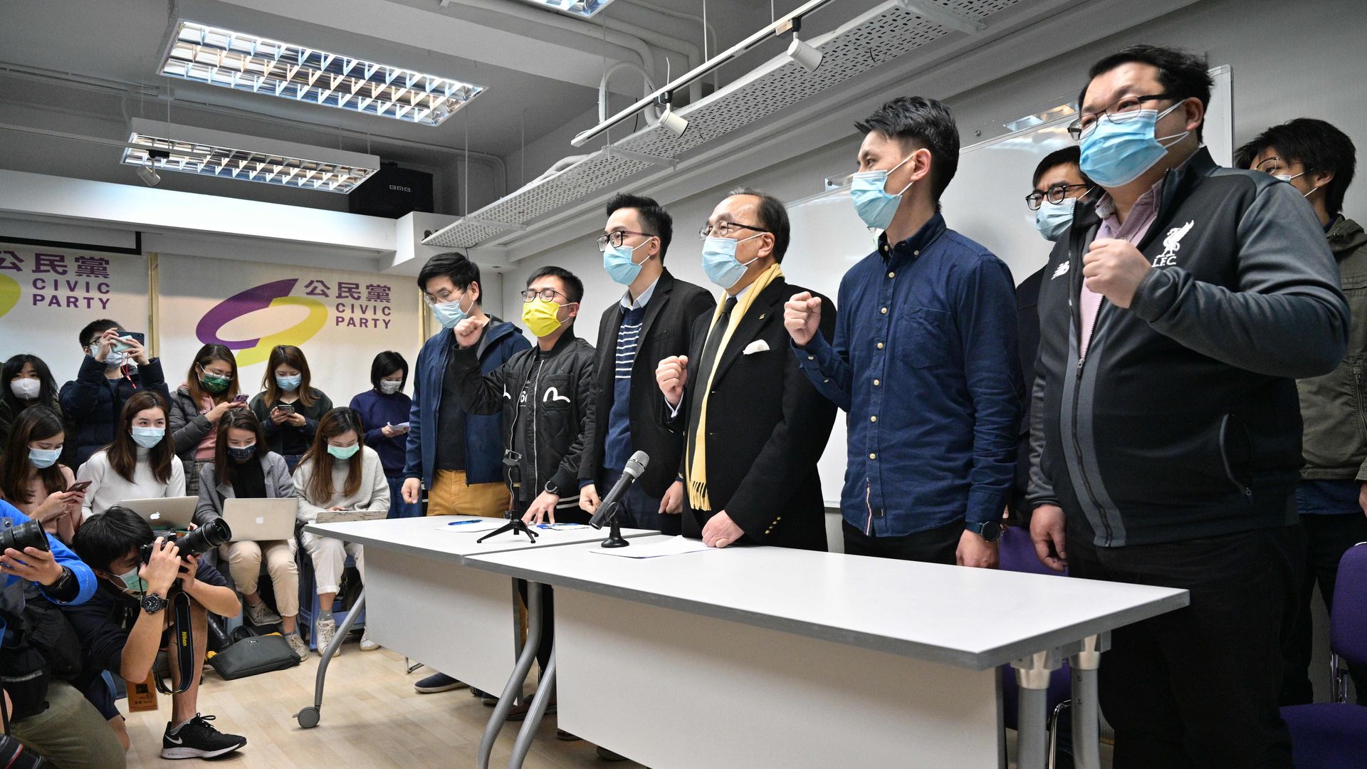 Chairman of Hong Kong Civic Party Alan Leong and other members hold a press conference on January 6, 2021