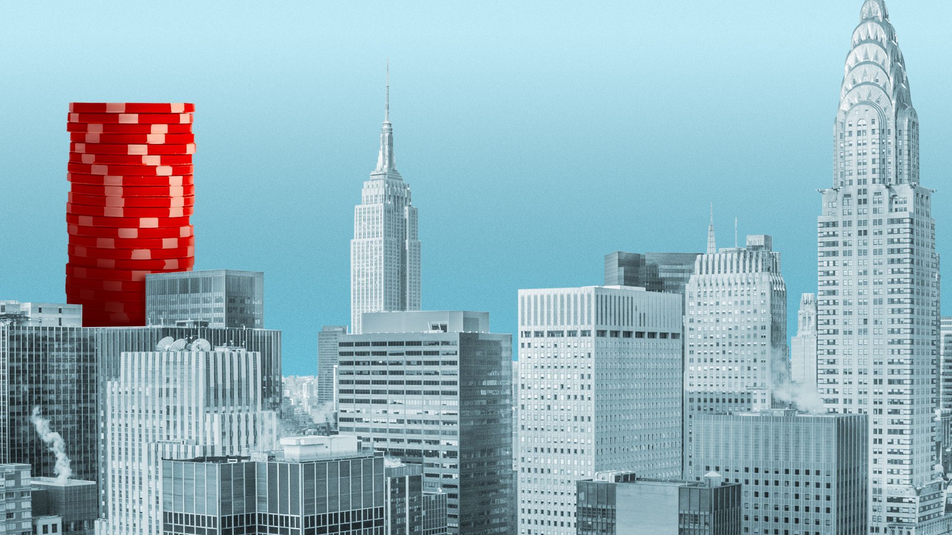 Illustration of the Manhattan skyline with a giant pile of poker chips