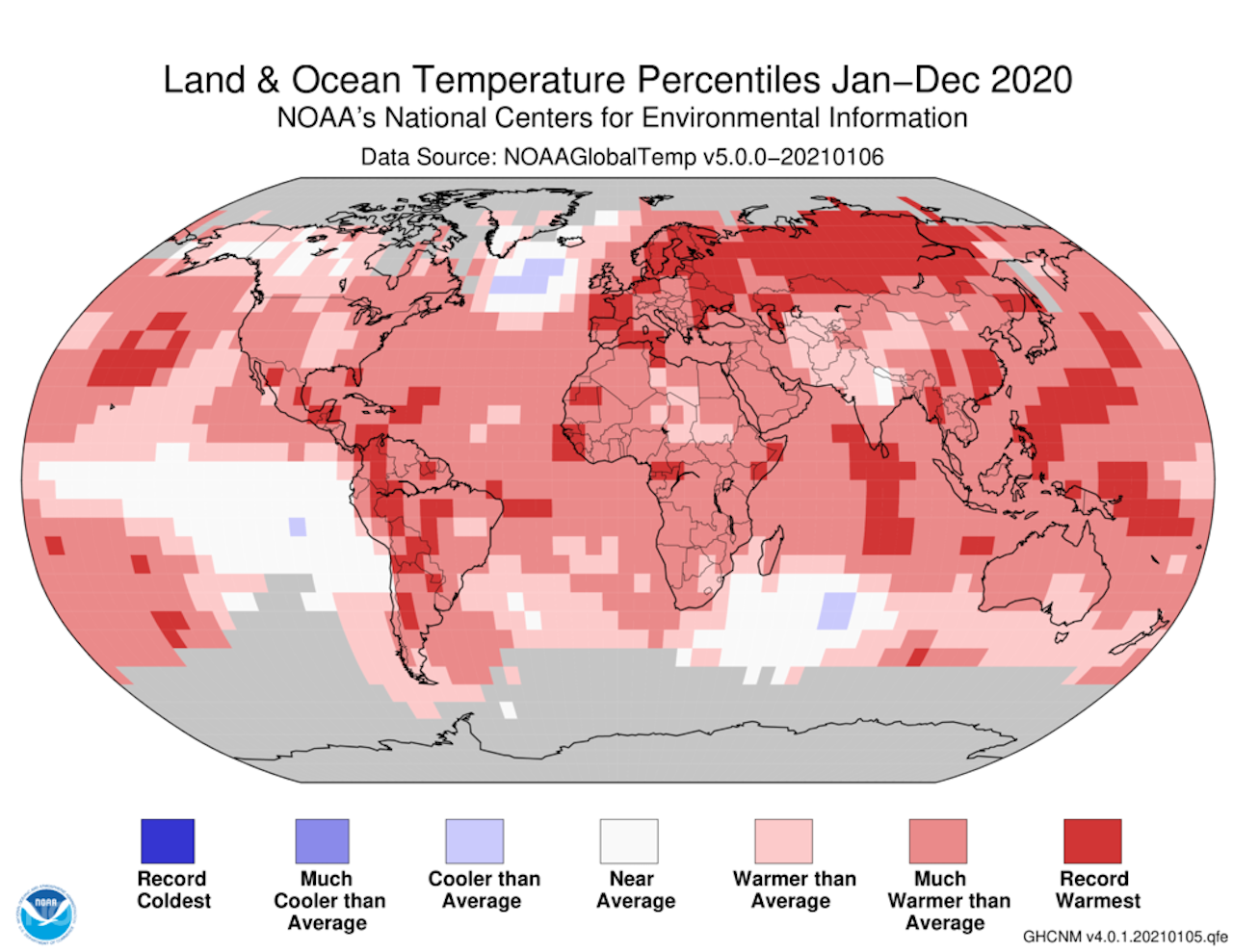 Map showing global temperatures worldwide compared to averages.