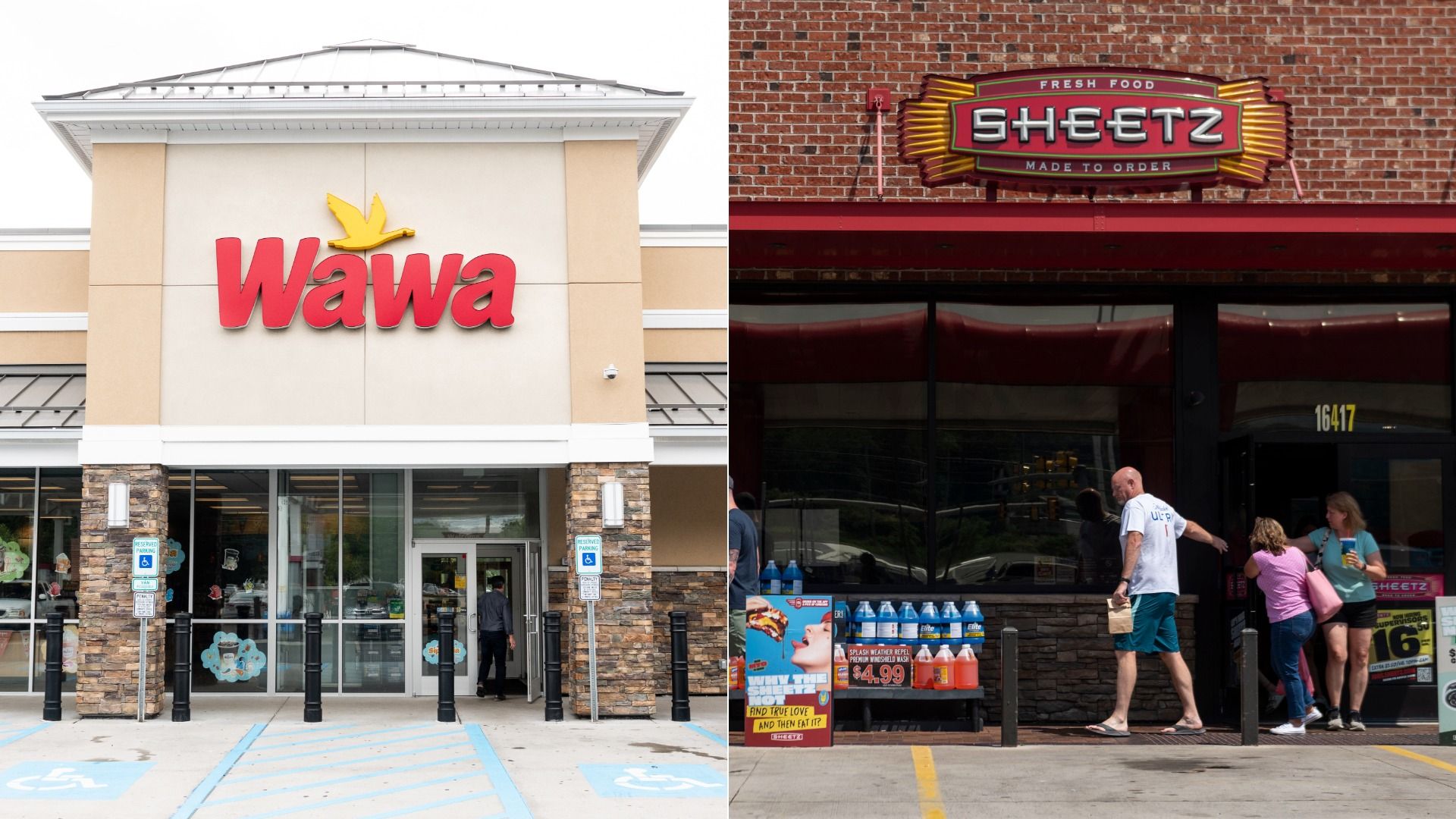 Split image of two convenience stores: left shows Wawa with a beige facade and a red "Wawa" sign and a yellow bird logo; right shows a brick Sheetz with a bold "SHEETZ" sign and customers outside.