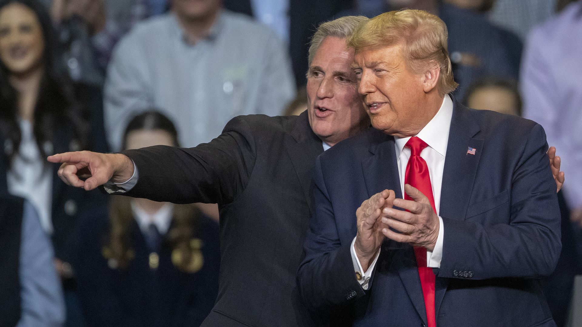 House Republican Leader Kevin McCarthy and then-President Trump at a California rally in 2020. 