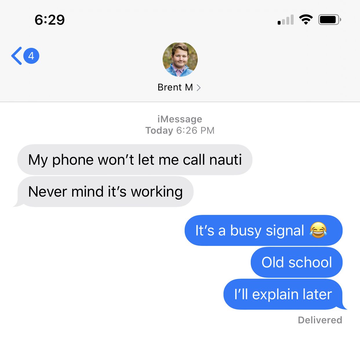Screenshot of a text message conversation in which a young person doesn't know what a telephone busy signal is.