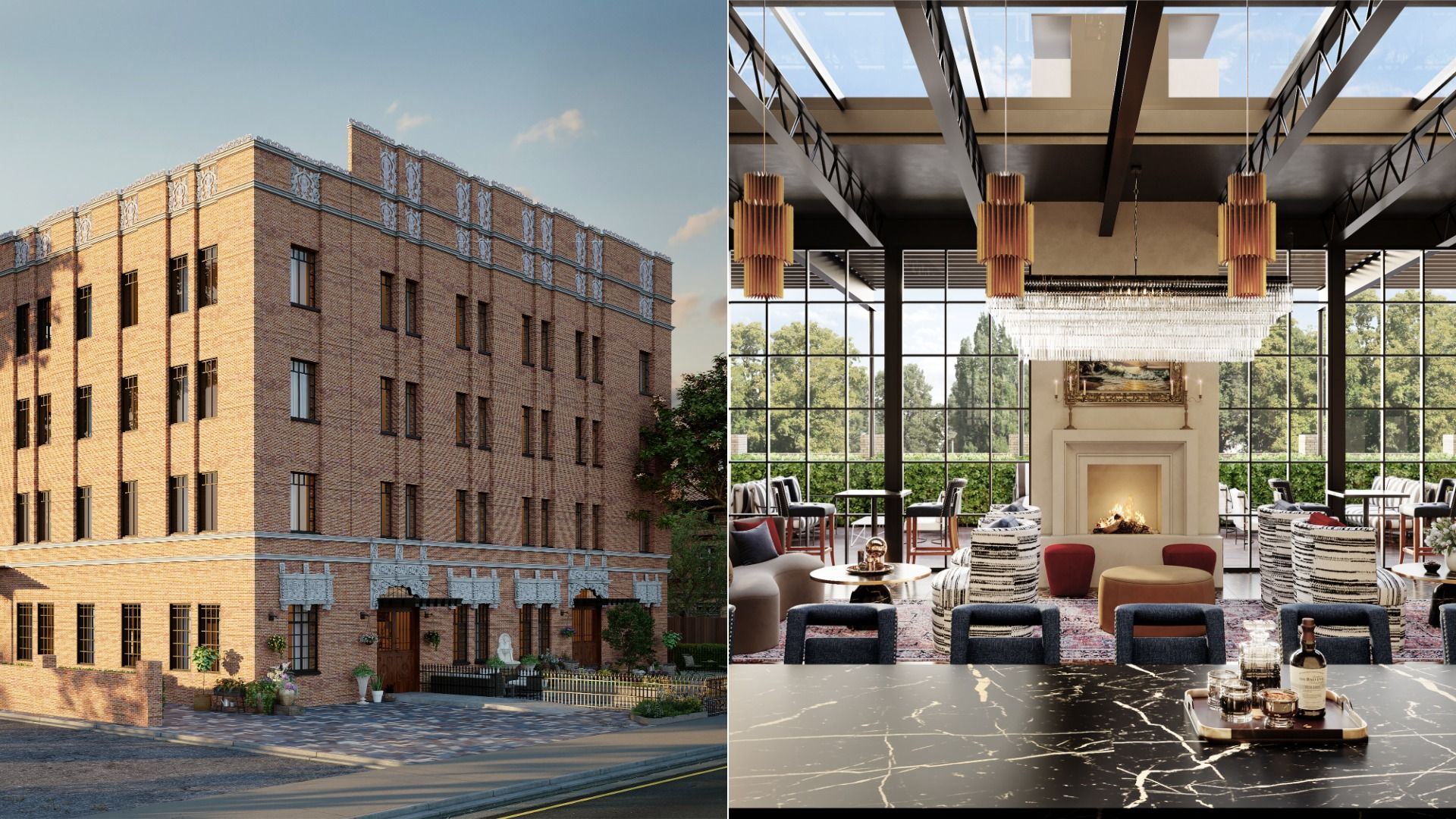 Left: A brick building with ornate white decorations and many windows under a blue sky. Right: Modern interior with large windows, black beams, chandelier, fireplace, and seating in beige, black, and red.