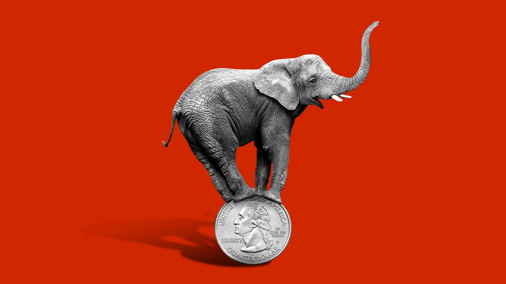 Illustration of an elephant balancing on a quarter.   