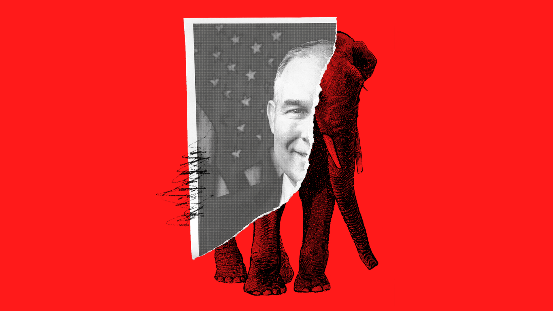 A ripped picture of Scott Pruitt with a Republican elephant peeking out behind it