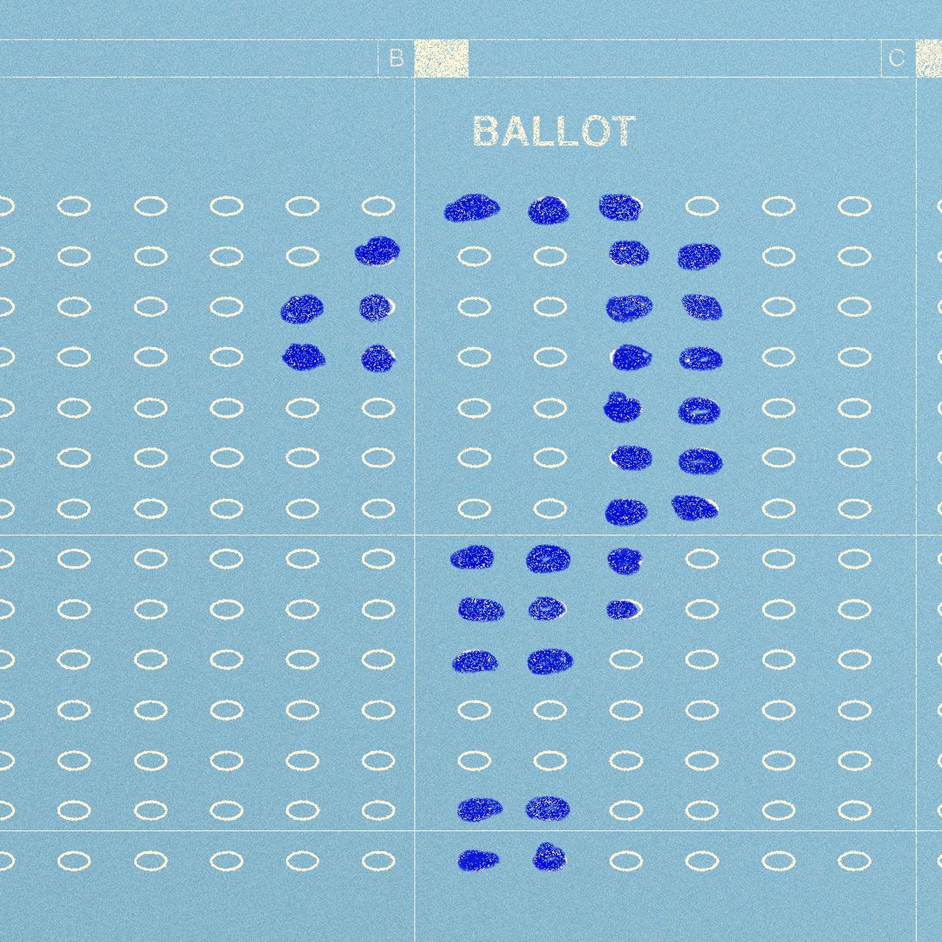Illustration of a ballot filled in to create a question mark