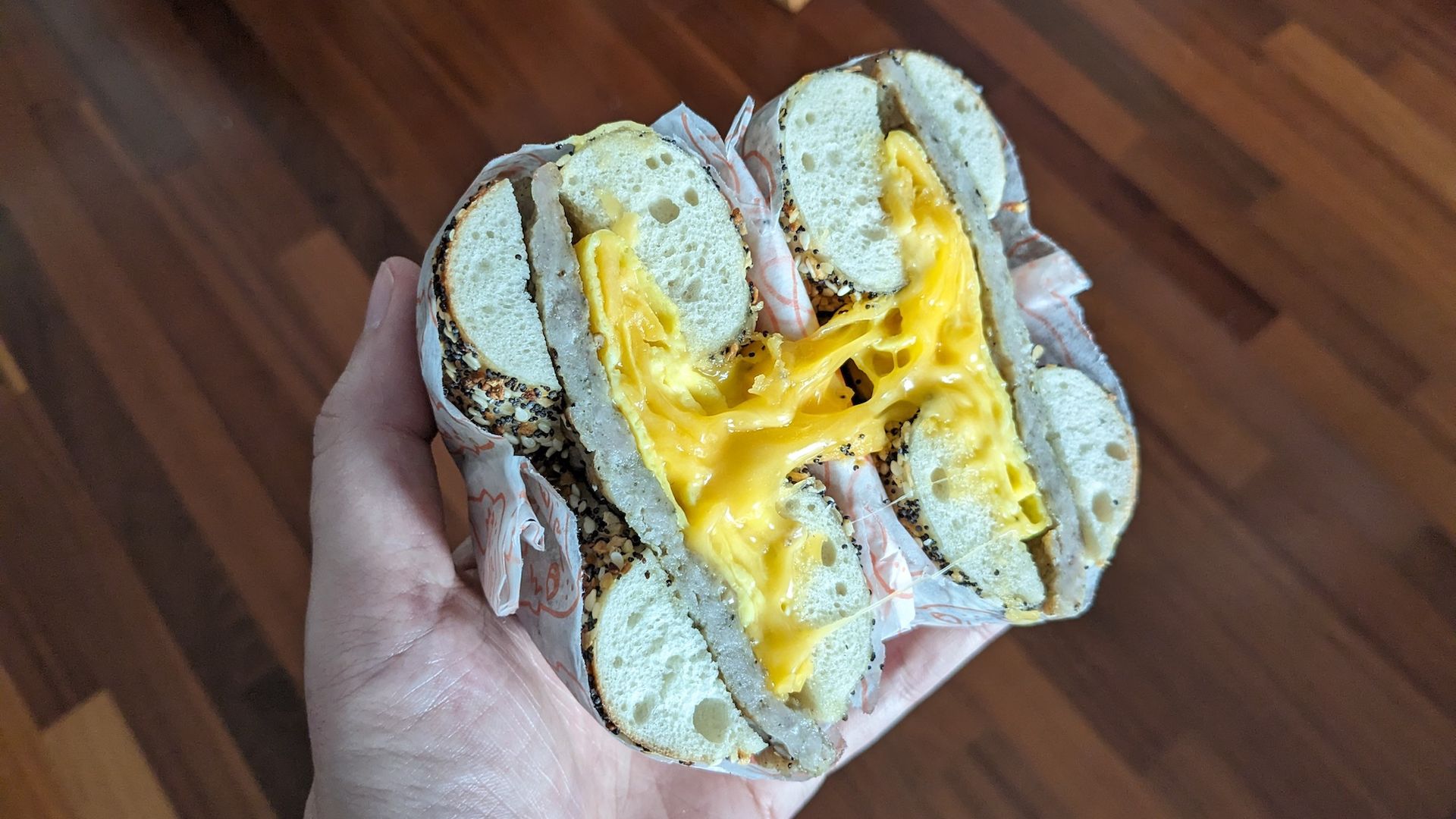 An egg and cheese breakfast bagels from Pearls in DC