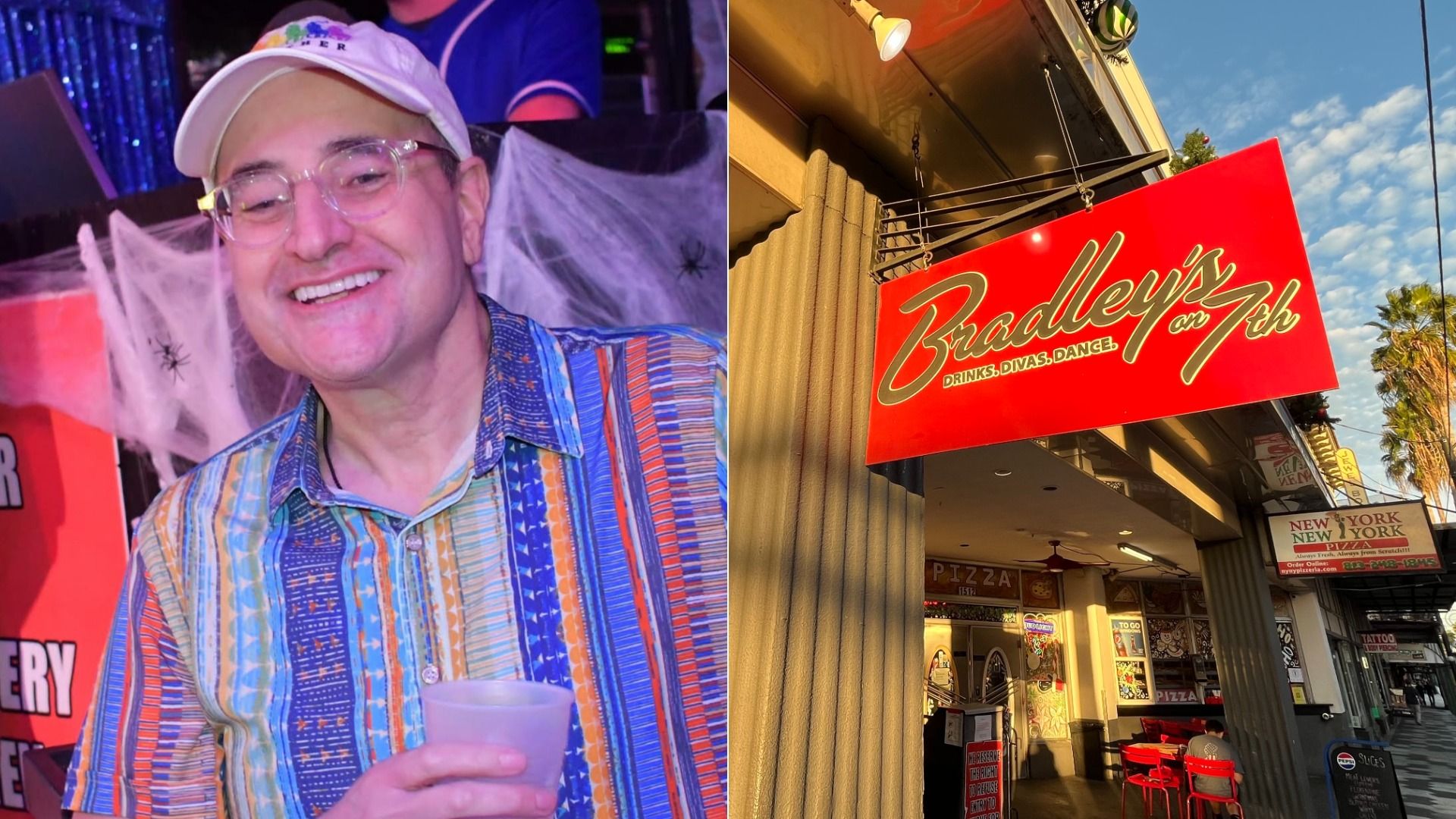 Smiling man in a multicolored striped shirt and white cap holding a cup indoors decorated with spider webs. Next to it, a bright red sign reading "Bradley's on 7th" outside a building at sunset.