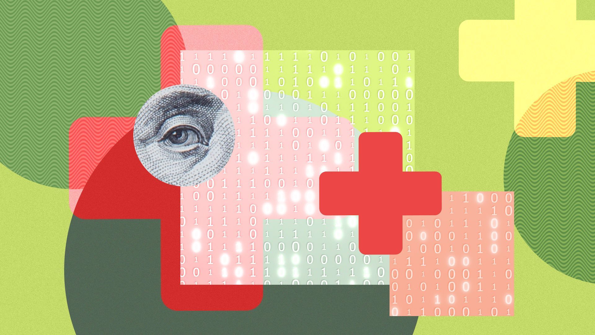 Illustration of binary code surrounded by abstract shapes, red crosses, and dollar elements.