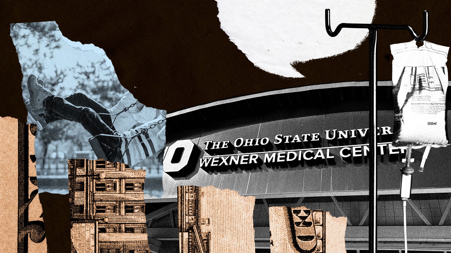 Photo illustration of The Ohio State University Wexner Medical Center, an IV, children on swings, and money elements.