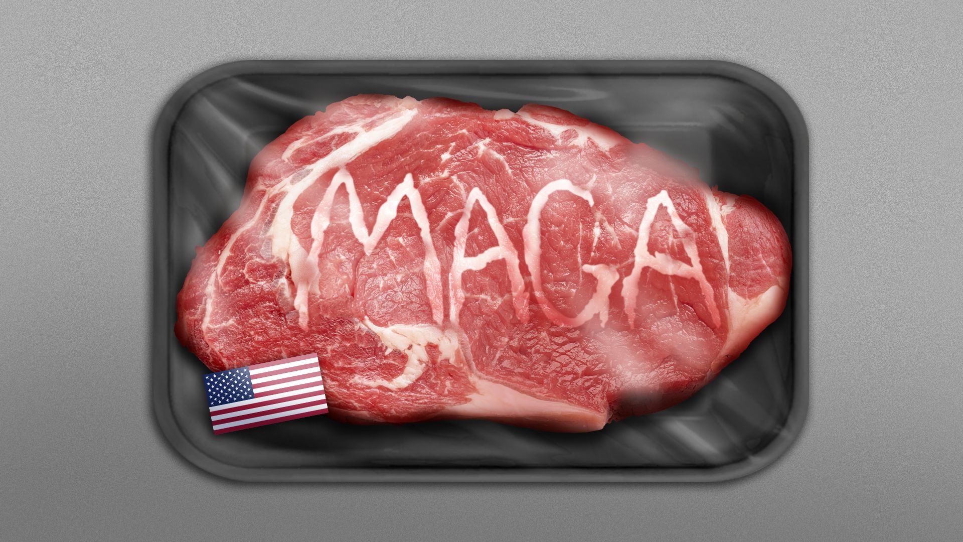 Illustration of a styrofoam package of meat with the word "MAGA" spelled out in the marbling 