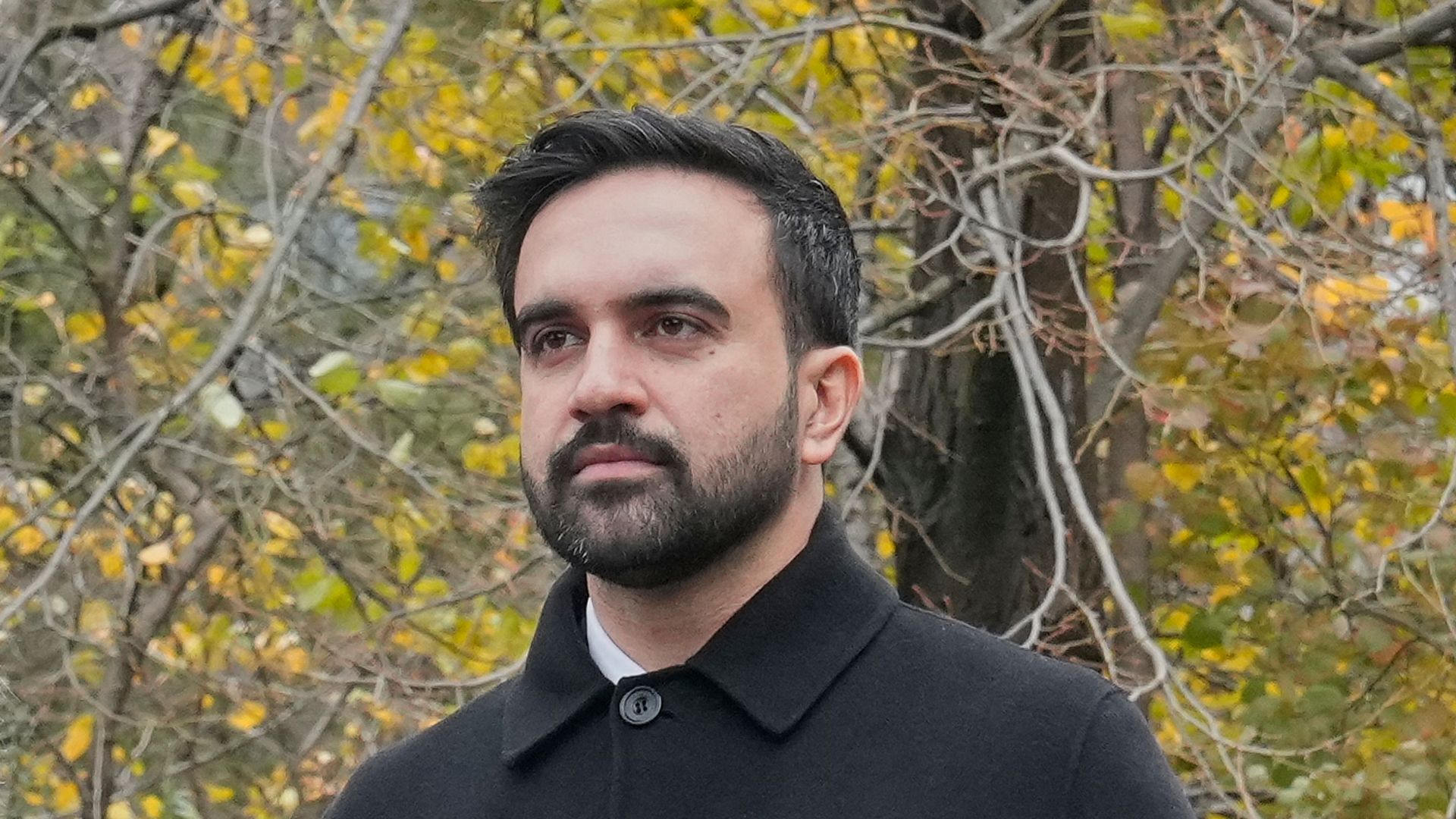 A dark-haired, bearded New York Mayor-elect Zohran Mamdani, standing in front of trees that are losing their yellow leaves and wearing a black overcoat, stares ahead.