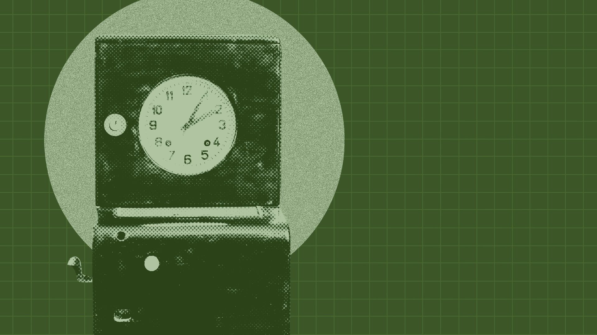 an illustration of a retro timeclock on an olive background