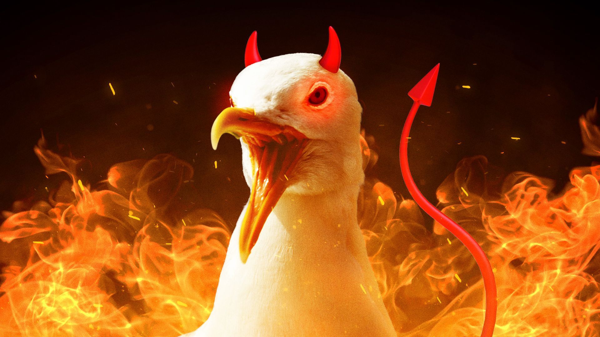 Illustration of a seagull dressed as the devil, surrounded by flames.