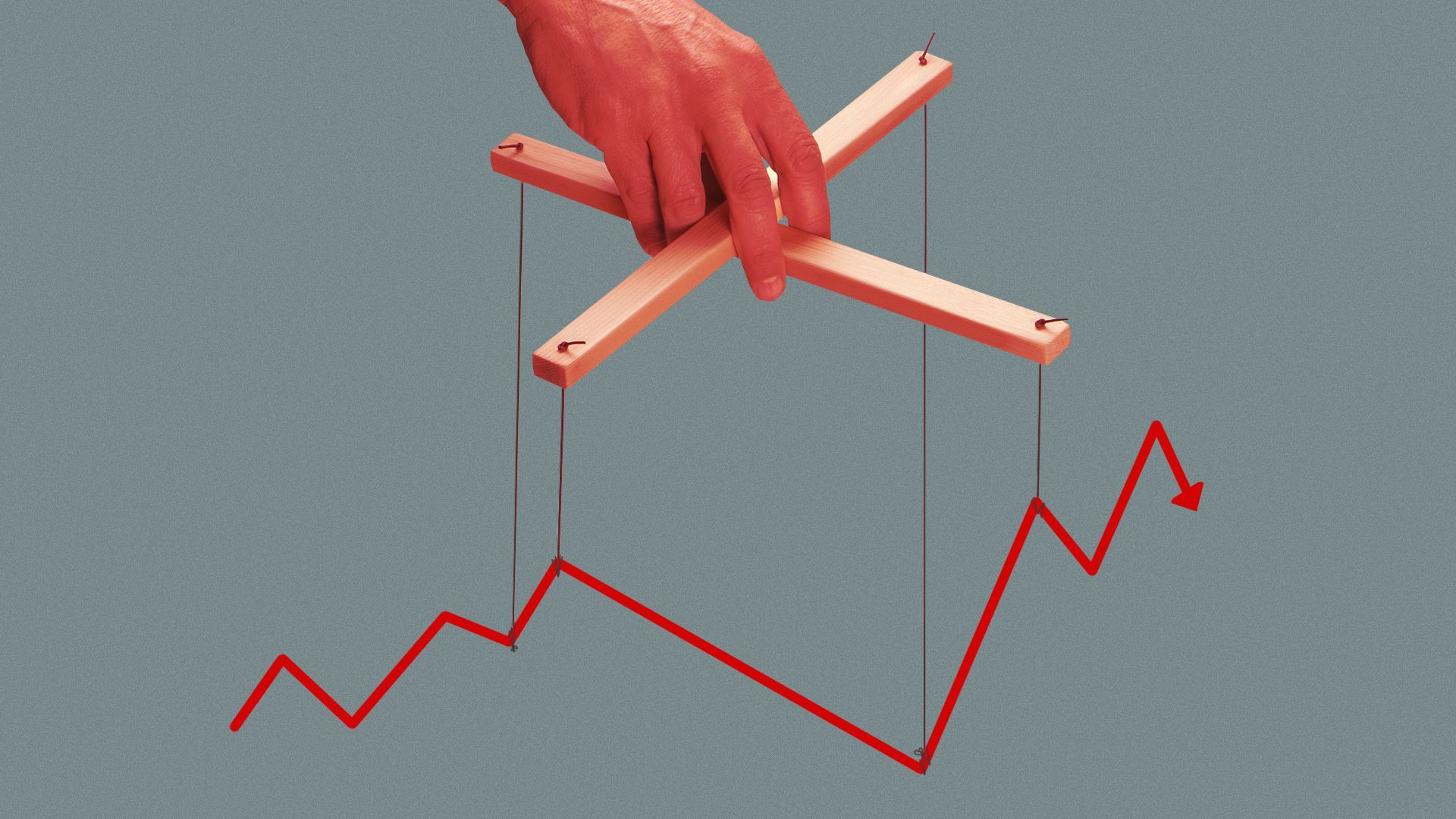 Illustration of a hand operating a marionette attached to a stock trend line