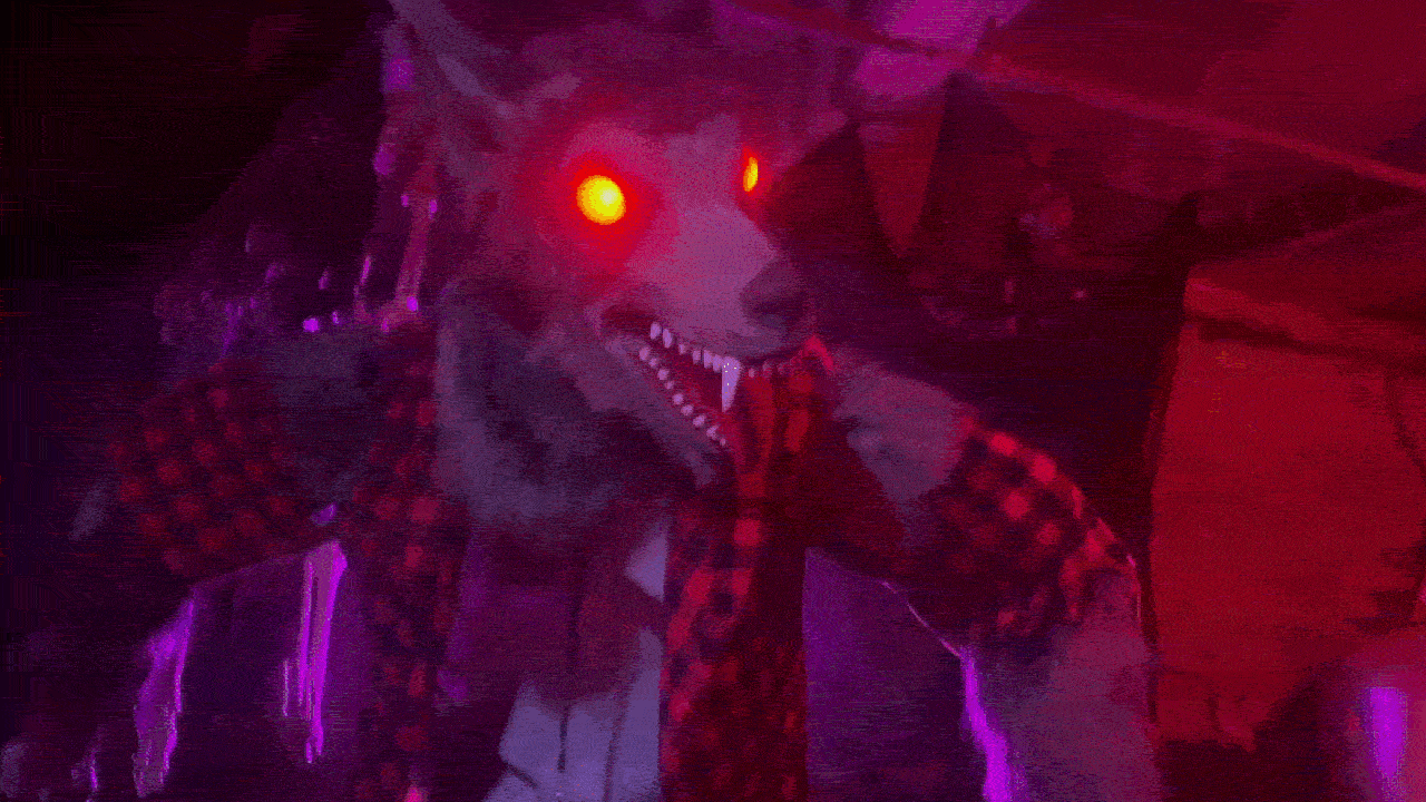A snarling werewolf with glowing red eyes and sharp fangs, wearing a red plaid shirt, in a dark scene bathed in purple and red lights.