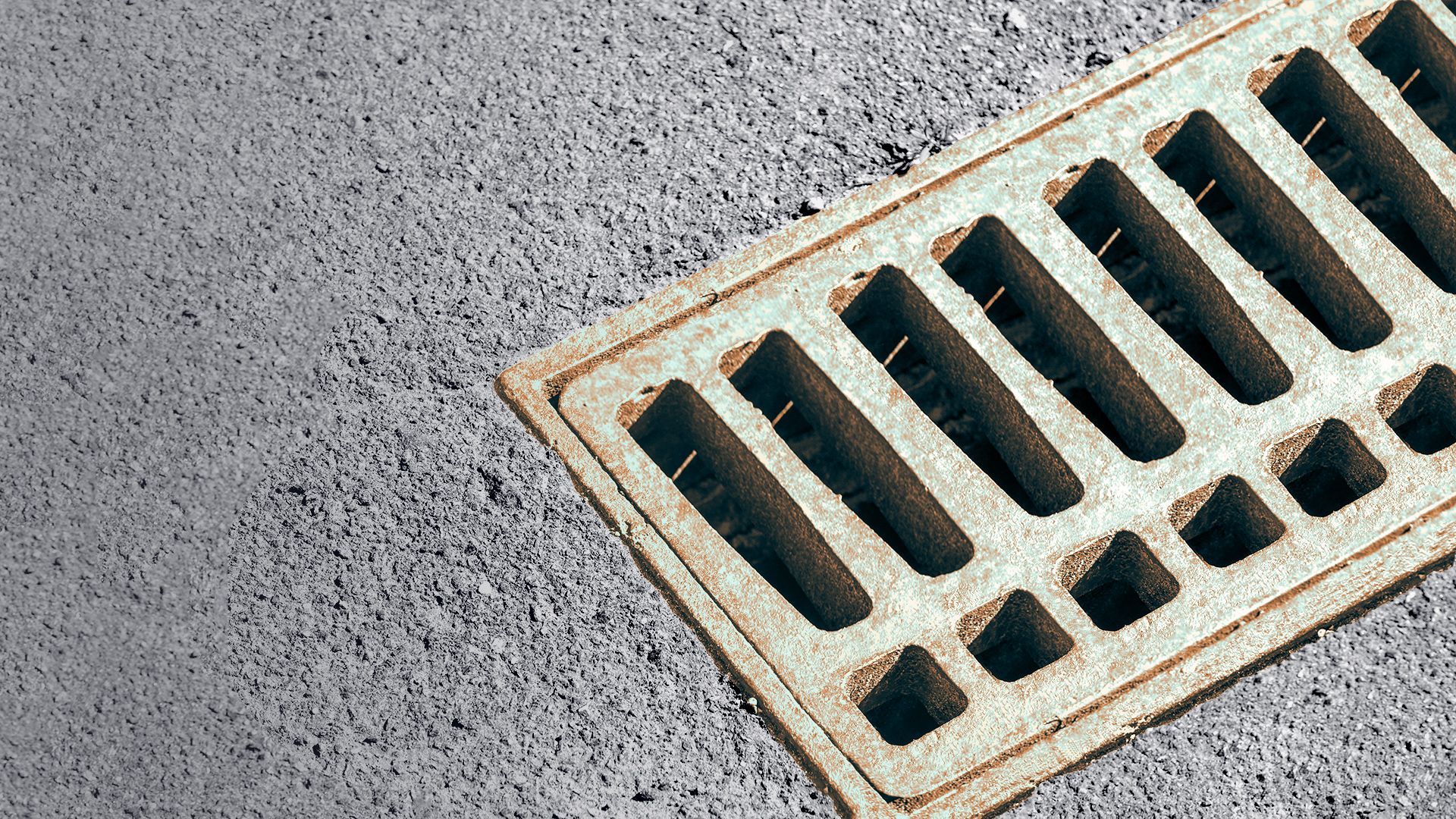 Illustration of a storm drain with the spaces in the grate shaped like exclamation points.