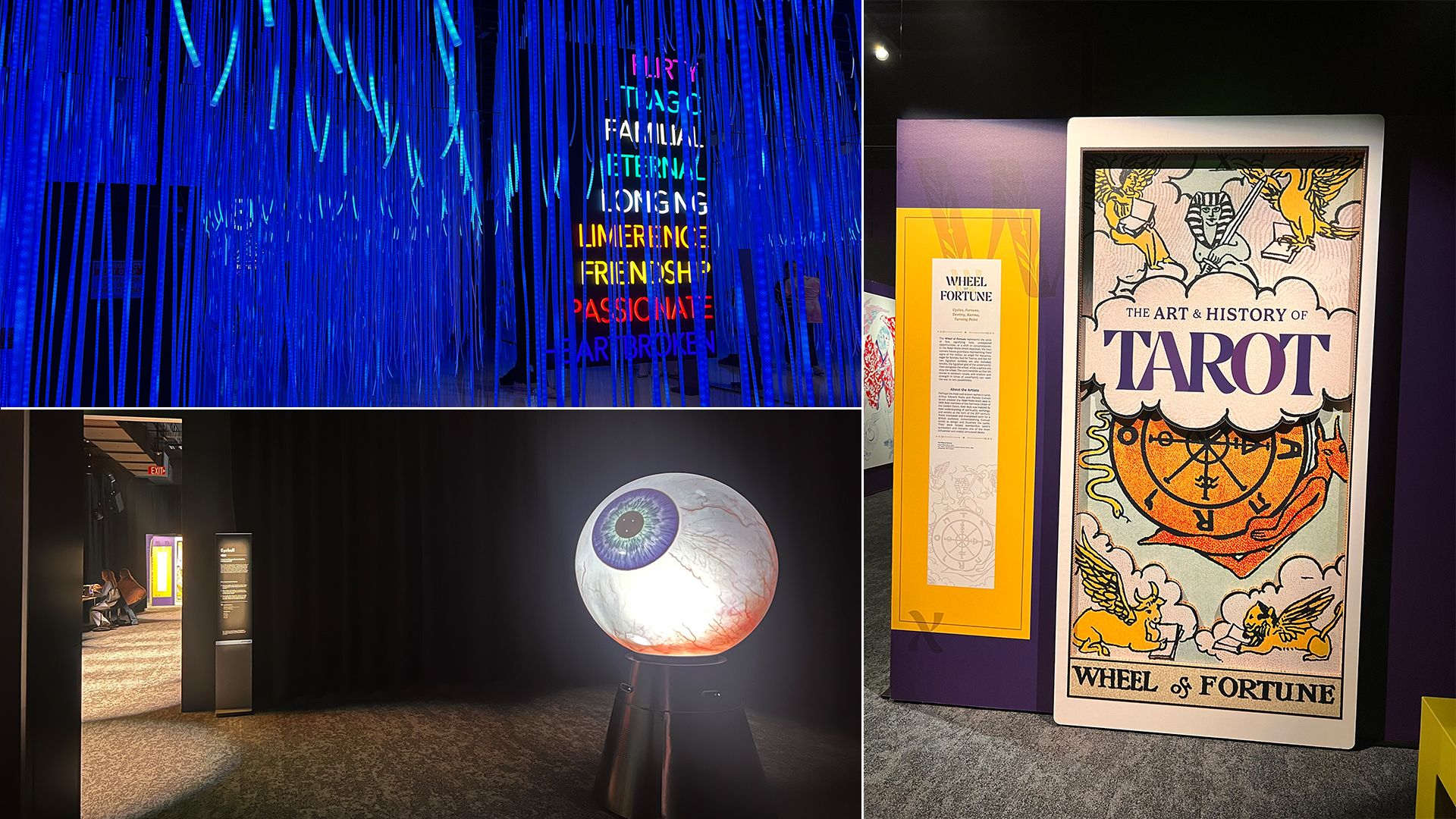 Three photos from a tarot-themed exhibition: blue-lit hanging strips with colorful words, a large illuminated eyeball sculpture, and a poster titled "The Art & History of Tarot" featuring the "Wheel of Fortune" card.