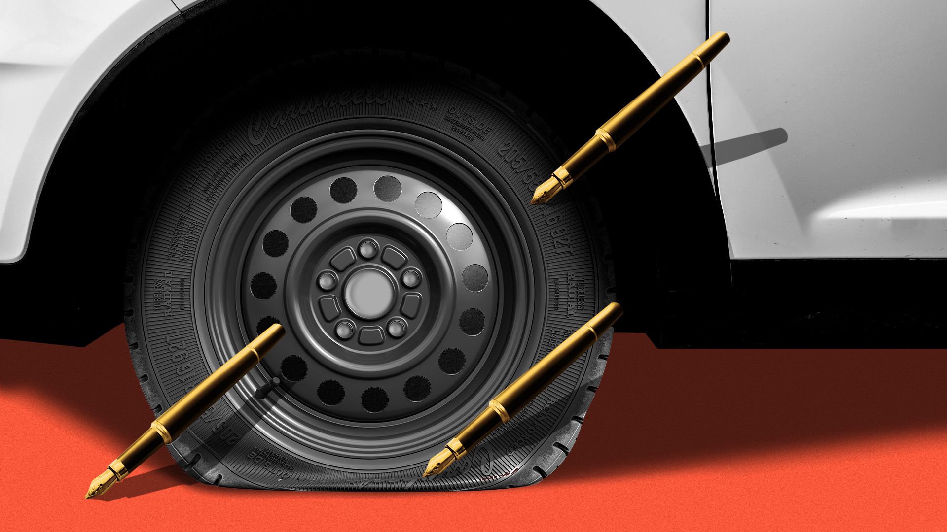 Illustration of a tire made flat from several fountain pens piercing it. 