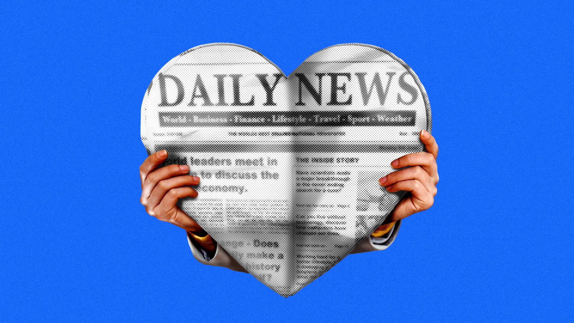 Illustration of hands holding a newspaper in the shape of a heart 